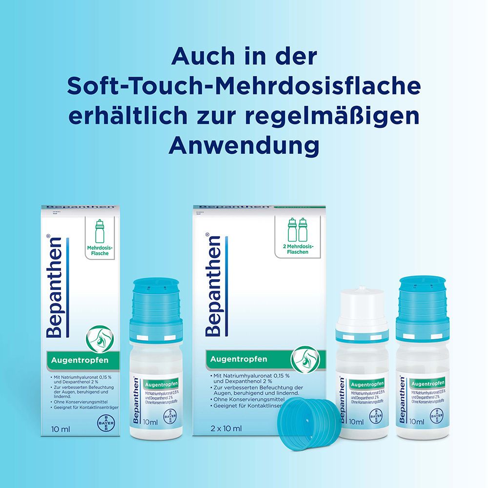 Produktabbildung: Bepanthen® Augentropfen und Mehrdosisflasche. Text: Auch in der Soft-Touch-Mehrdosisflasche.