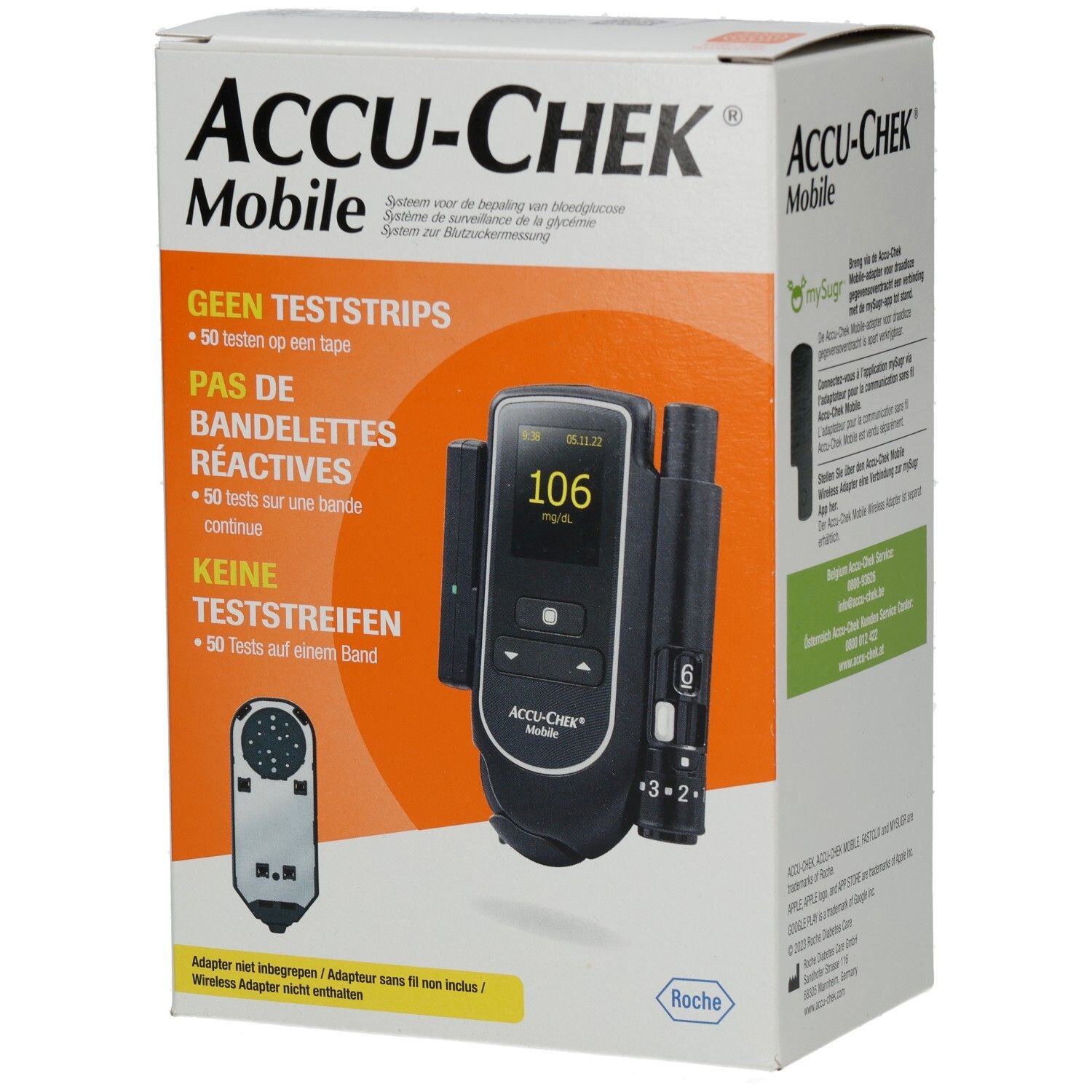 Verpackung von ACCU-CHEK Mobile. Aufdruck: KEINE TESTSTREIFEN. Gerät mit Display und Zubehör abgebildet. Roche-Logo.