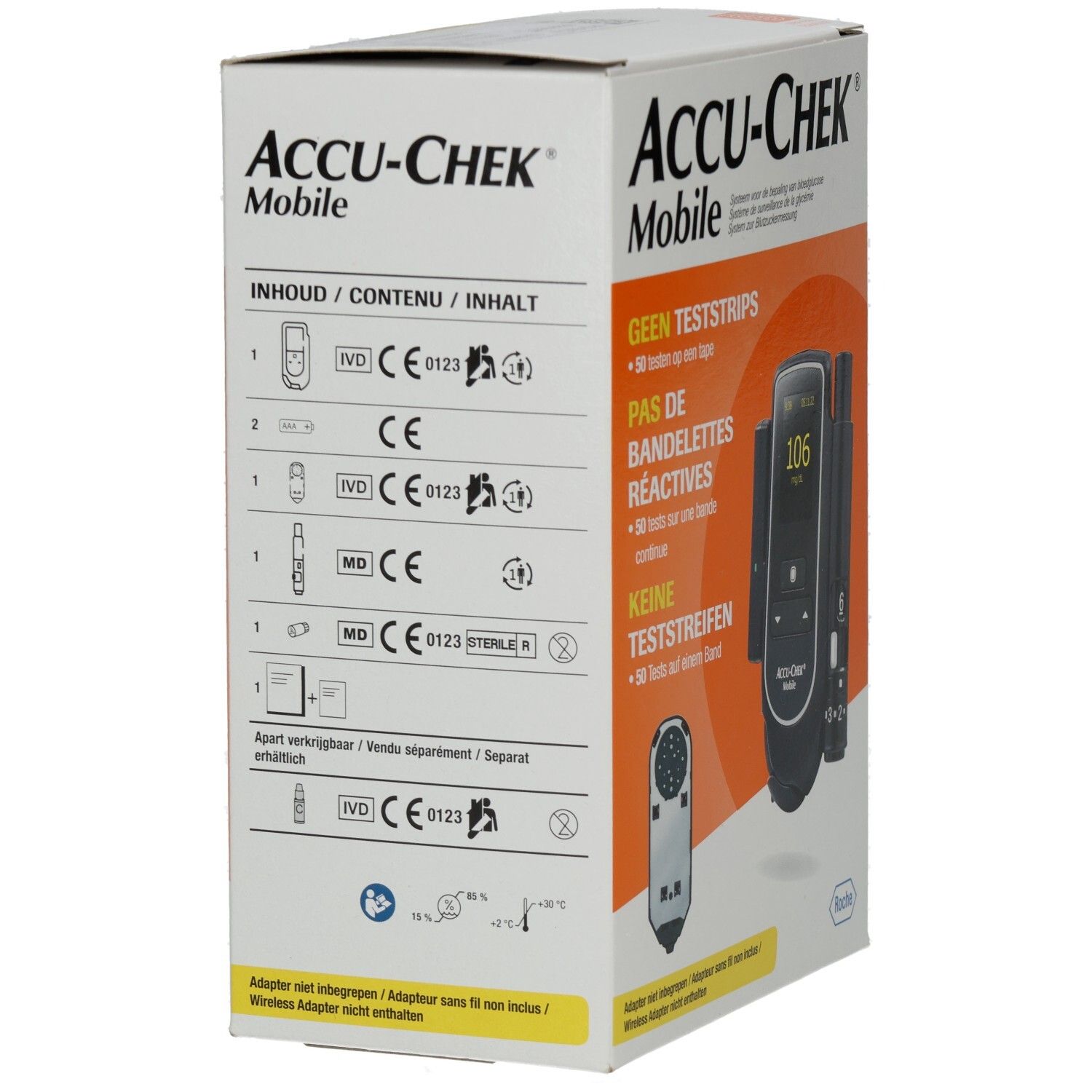 Rückseite der ACCU-CHEK Mobile Verpackung. Aufdruck: CE 0123. Piktogramme. Adapter-Hinweis. Roche-Logo.
