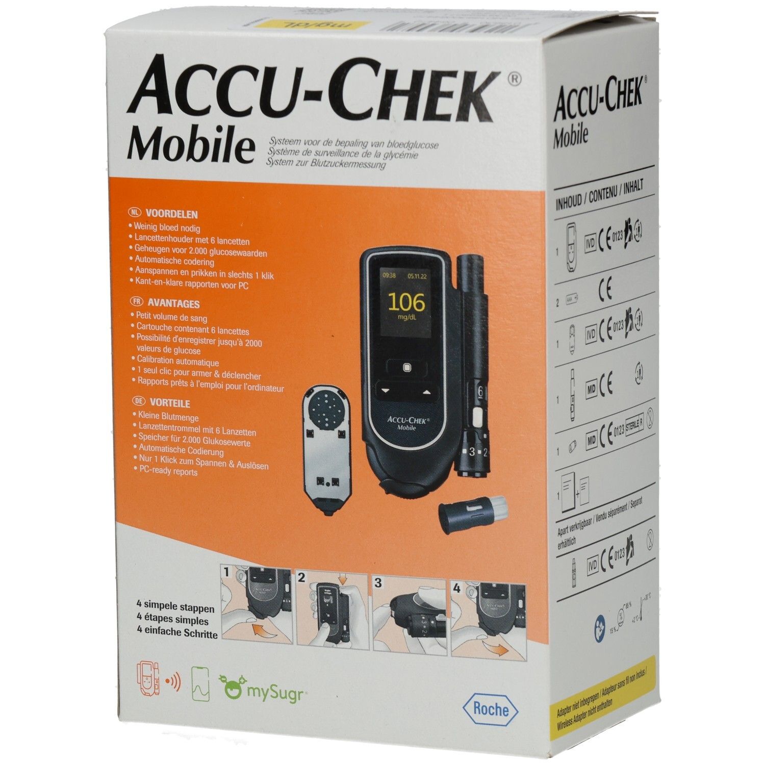Verpackung von ACCU-CHEK Mobile. Aufdruck: Vorteile, 4 Schritte. Gerät mit Display und Zubehör abgebildet. Roche-Logo.