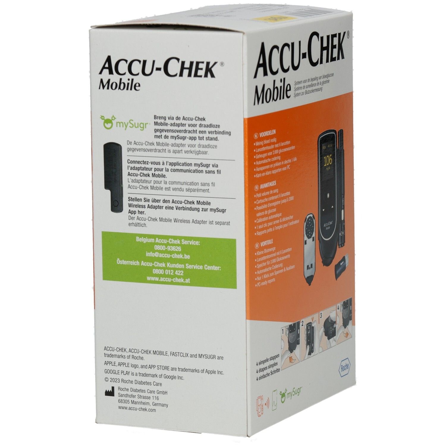 Seite der ACCU-CHEK Mobile Verpackung. Text: mySugr, Adapter-Informationen. Roche-Logo. Kontaktinformationen.