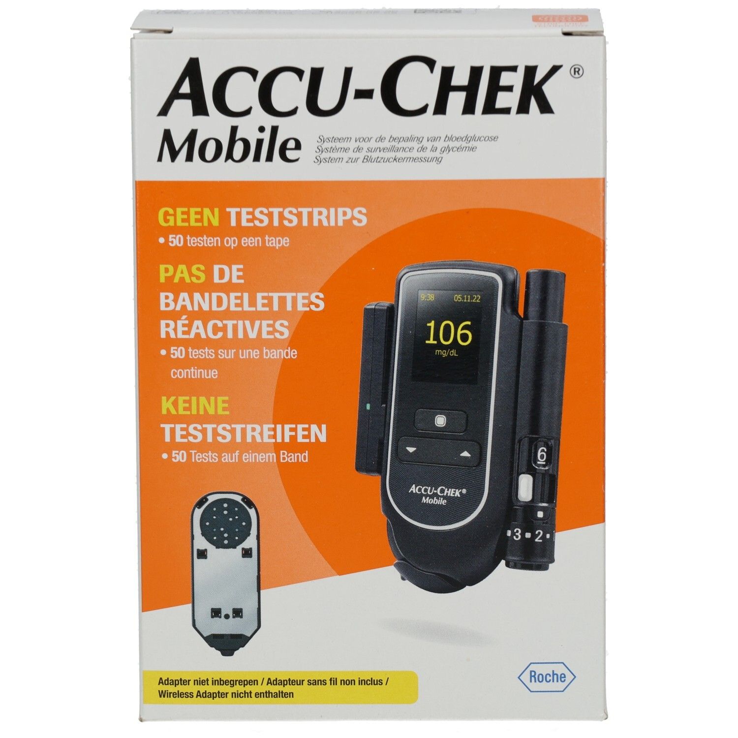 Verpackung von ACCU-CHEK Mobile. Aufdruck: KEINE TESTSTREIFEN. Gerät mit Display und Zubehör abgebildet. Roche-Logo.