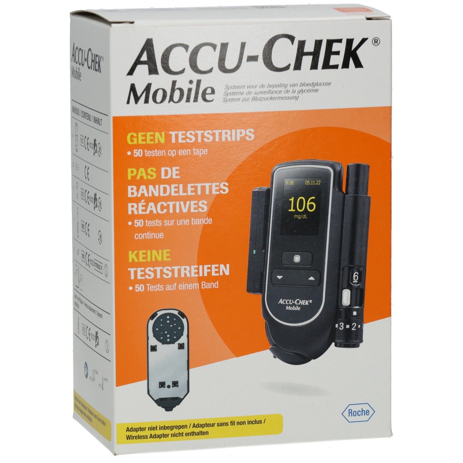 Verpackung von ACCU-CHEK Mobile. Aufdruck: KEINE TESTSTREIFEN. Gerät mit Display und Zubehör abgebildet. Roche-Logo.