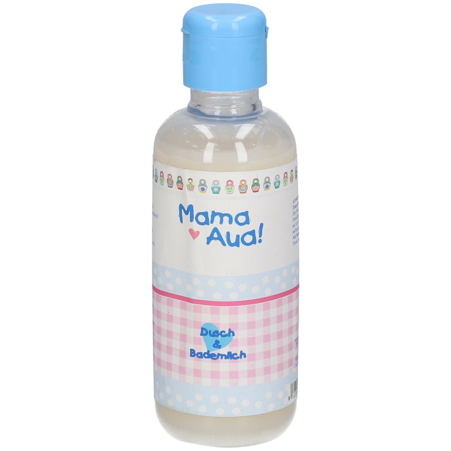 Flasche mit blauem Verschluss. Aufkleber mit "Mama Aua!" und "Dusch & Bademilch". Rosa-weißes Karomuster.