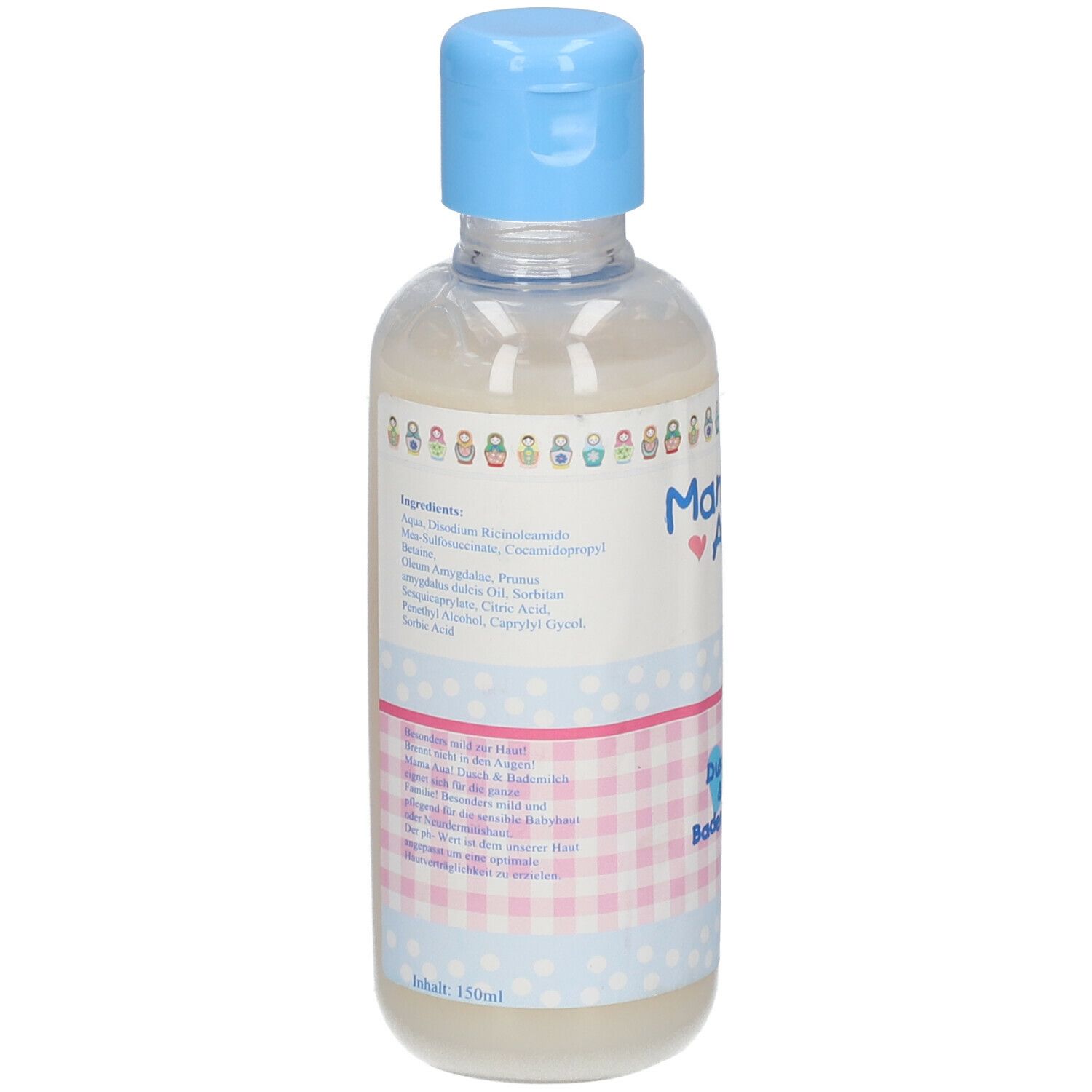 Flasche mit blauem Verschluss. Rückseite mit Inhaltsstoffen und Text. Rosa-weißes Karomuster.