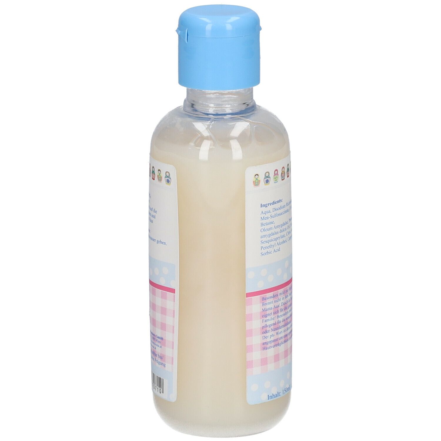 Flasche mit blauem Verschluss. Rückseite mit Inhaltsstoffen und Text. Rosa-weißes Karomuster.