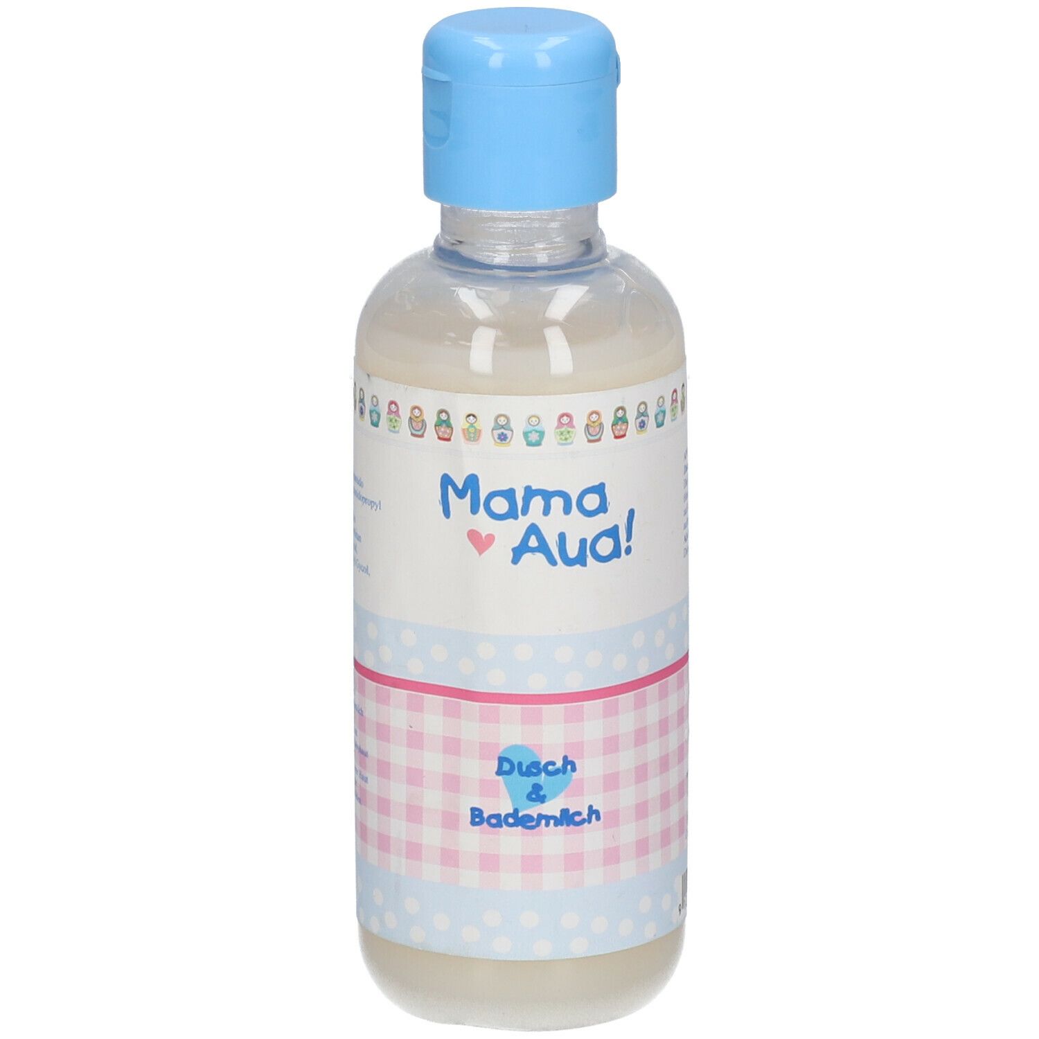 Flasche mit blauem Verschluss. Aufkleber mit "Mama Aua!" und "Dusch & Bademilch". Rosa-weißes Karomuster.