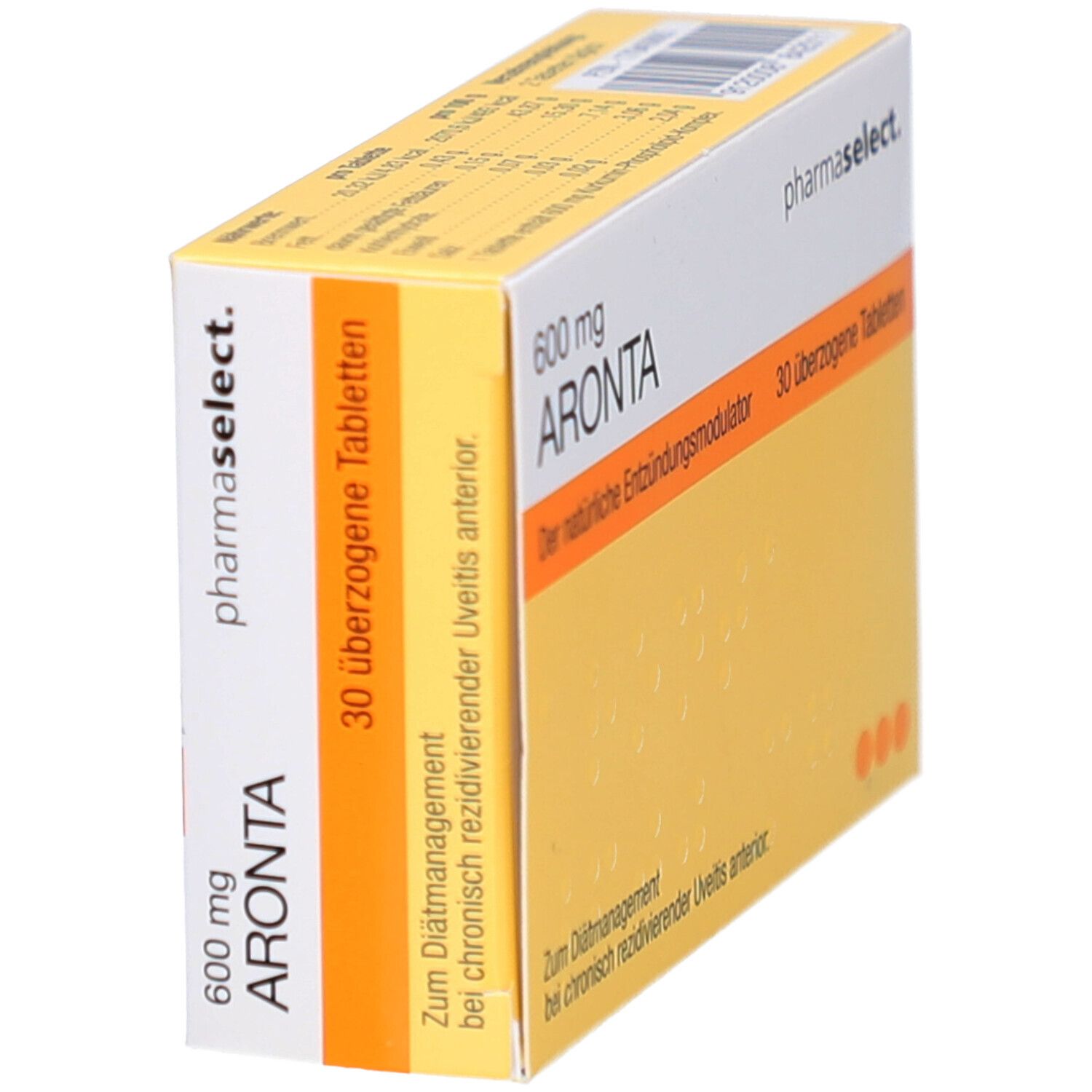 Schachtel ARONTA 600 mg Tabletten, schräg. Gelb-weißes Design. Aufschrift: 30 überzogene Tabletten. Pharma Select Logo.