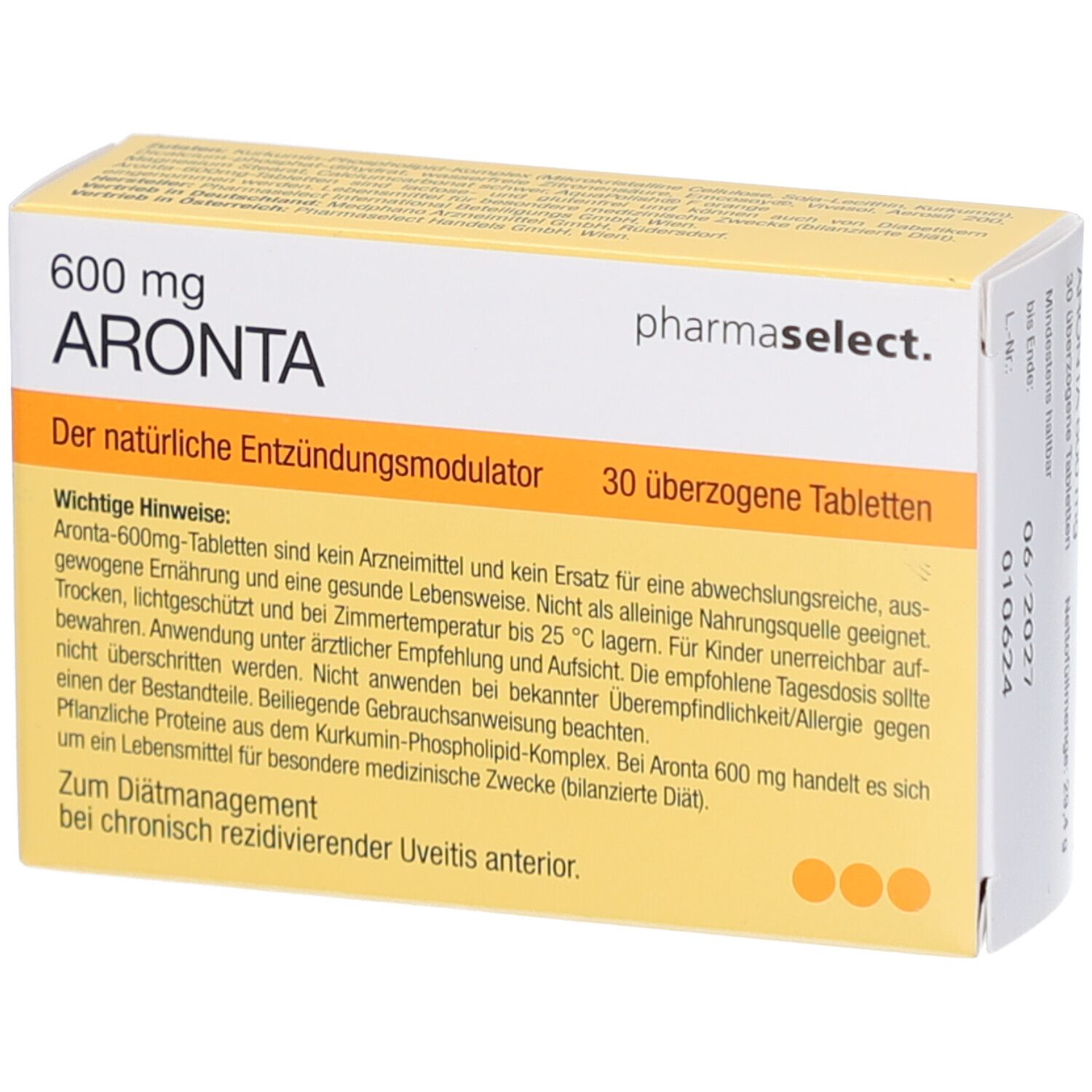 Schachtel ARONTA 600 mg Tabletten. Gelb-weißes Design. Text und Hinweise. Pharma Select Logo. 30 überzogene Tabletten.
