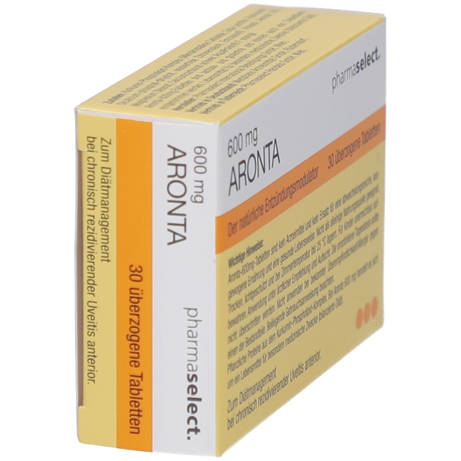 Schachtel ARONTA 600 mg Tabletten, schräg. Gelb-weißes Design. Text und Hinweise. Pharma Select Logo. 30 überzogene Tabletten.