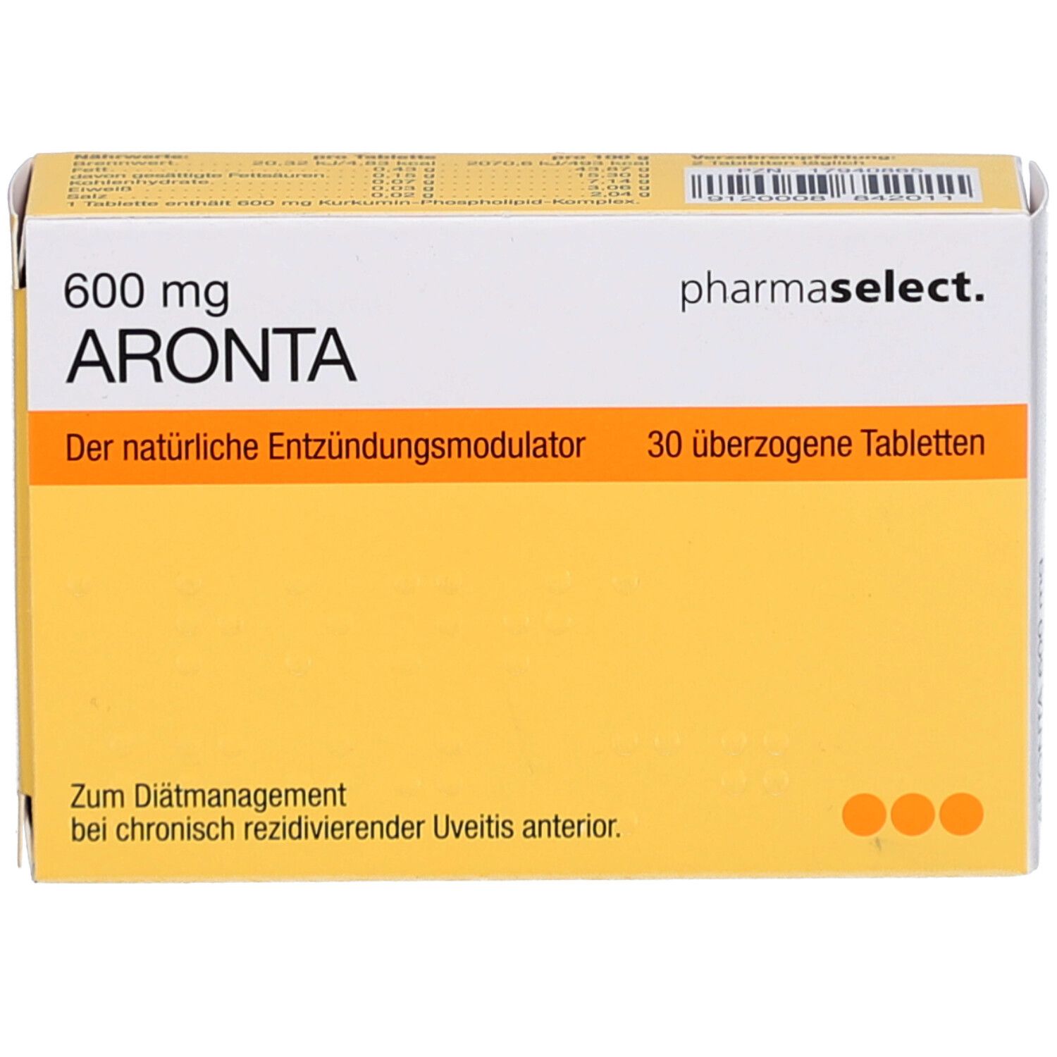 Schachtel ARONTA 600 mg Tabletten. Gelb-weißes Design. Aufschrift: 30 überzogene Tabletten. Pharma Select Logo.