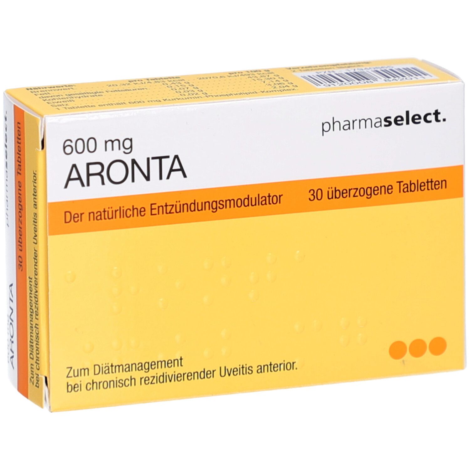 Schachtel ARONTA 600 mg Tabletten. Gelb-weißes Design. Aufschrift: 30 überzogene Tabletten. Pharma Select Logo.