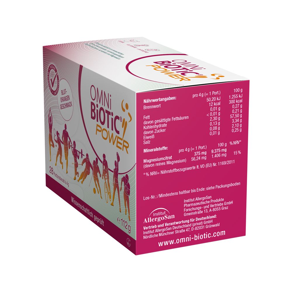 Seitenansicht der OMNi BiOTiC® POWER Packung mit Nährwertangaben und Herstellerinformationen.