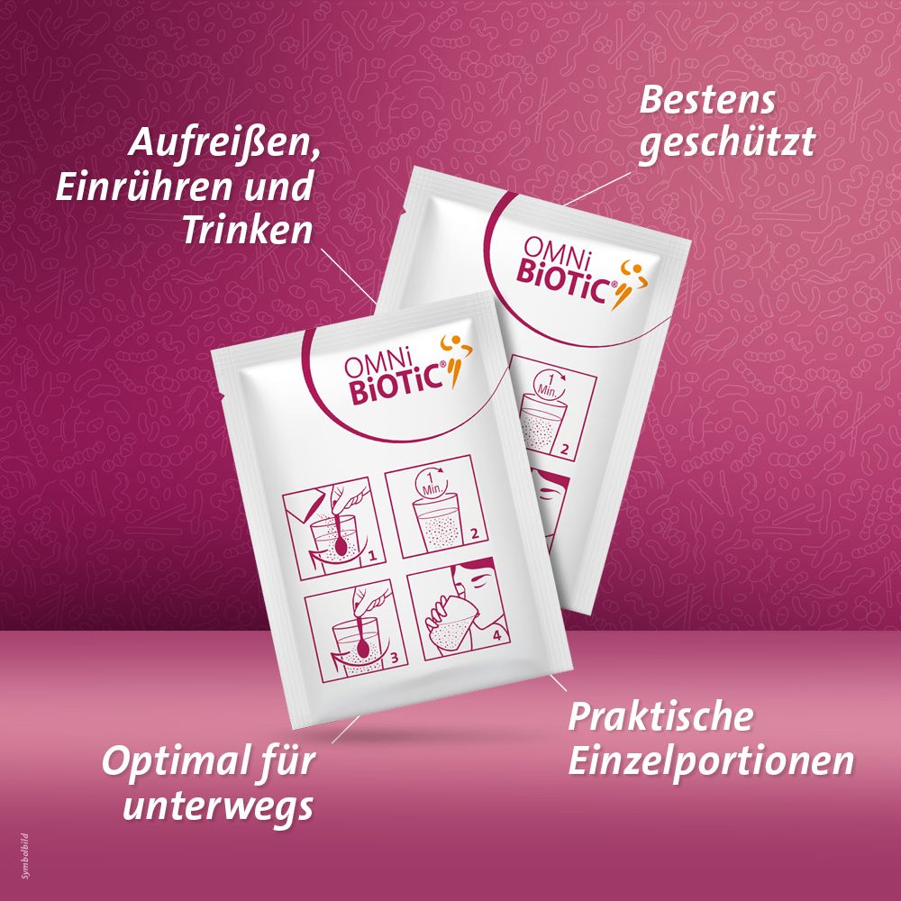 Zwei Einzelportionen-Beutel von OMNi BiOTiC® POWER mit Anleitungs-Icons. "Praktische Einzelportionen".