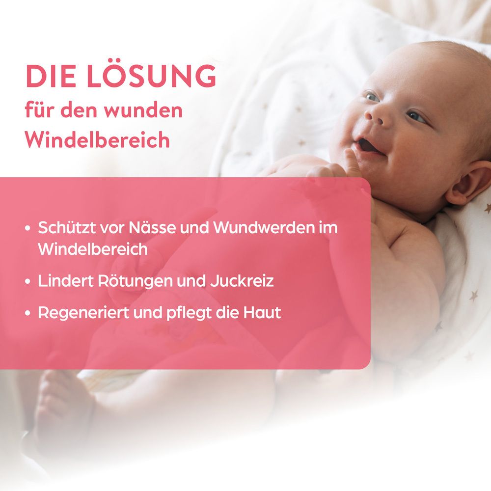 Baby auf einer Decke. Text: Die Lösung für den wunden Windelbereich. Produktinformationen.