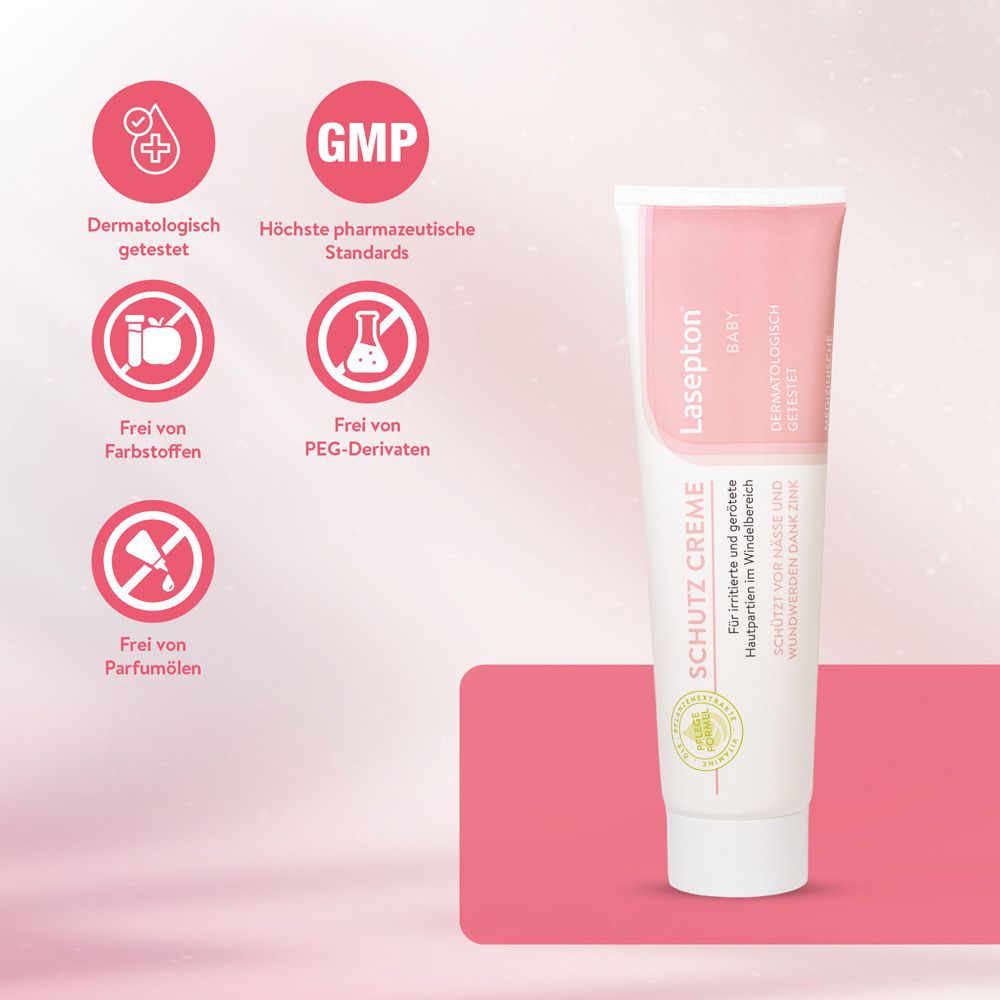 Creme-Tube mit Logos und Texten. Dermatologisch getestet, frei von Farbstoffen, PEG-Derivaten und Parfüm.