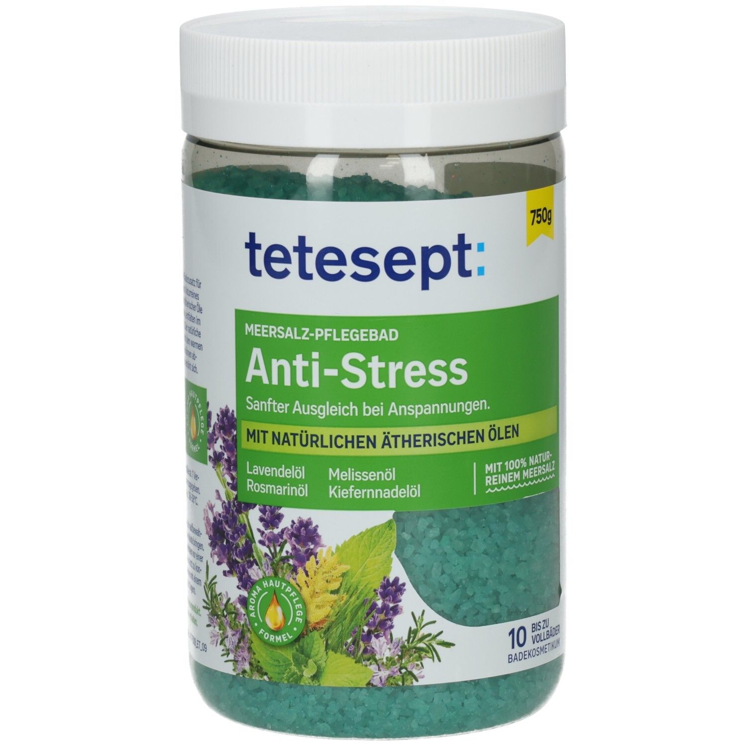 Transparente Dose mit grünem Badesalz. Aufkleber mit Produktnamen, Logo und floraler Illustration. 10 Vollbäder.