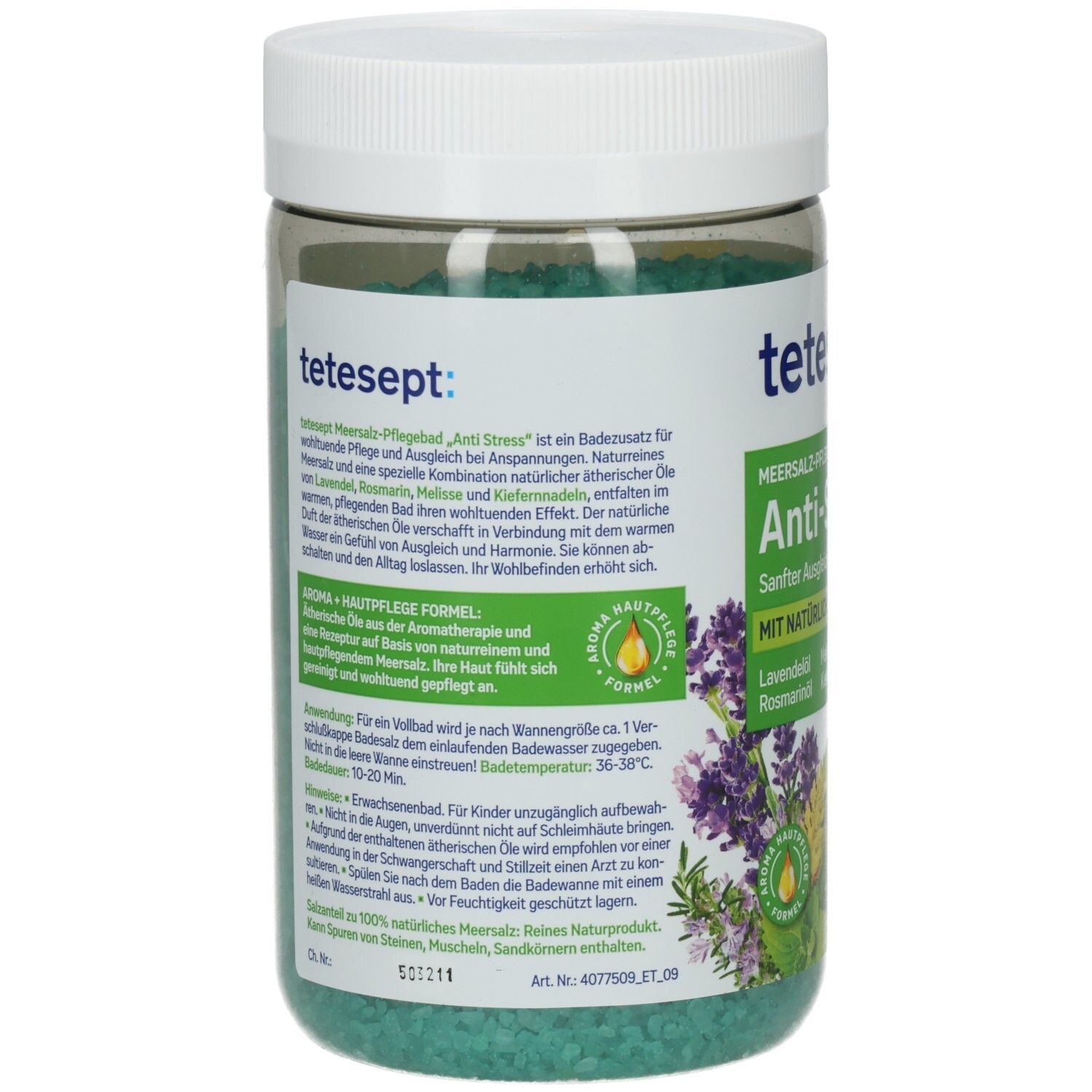 Rückseite der transparenten Dose mit grünem Badesalz. Textinformationen und Inhaltsstoffe. Weißer Deckel.