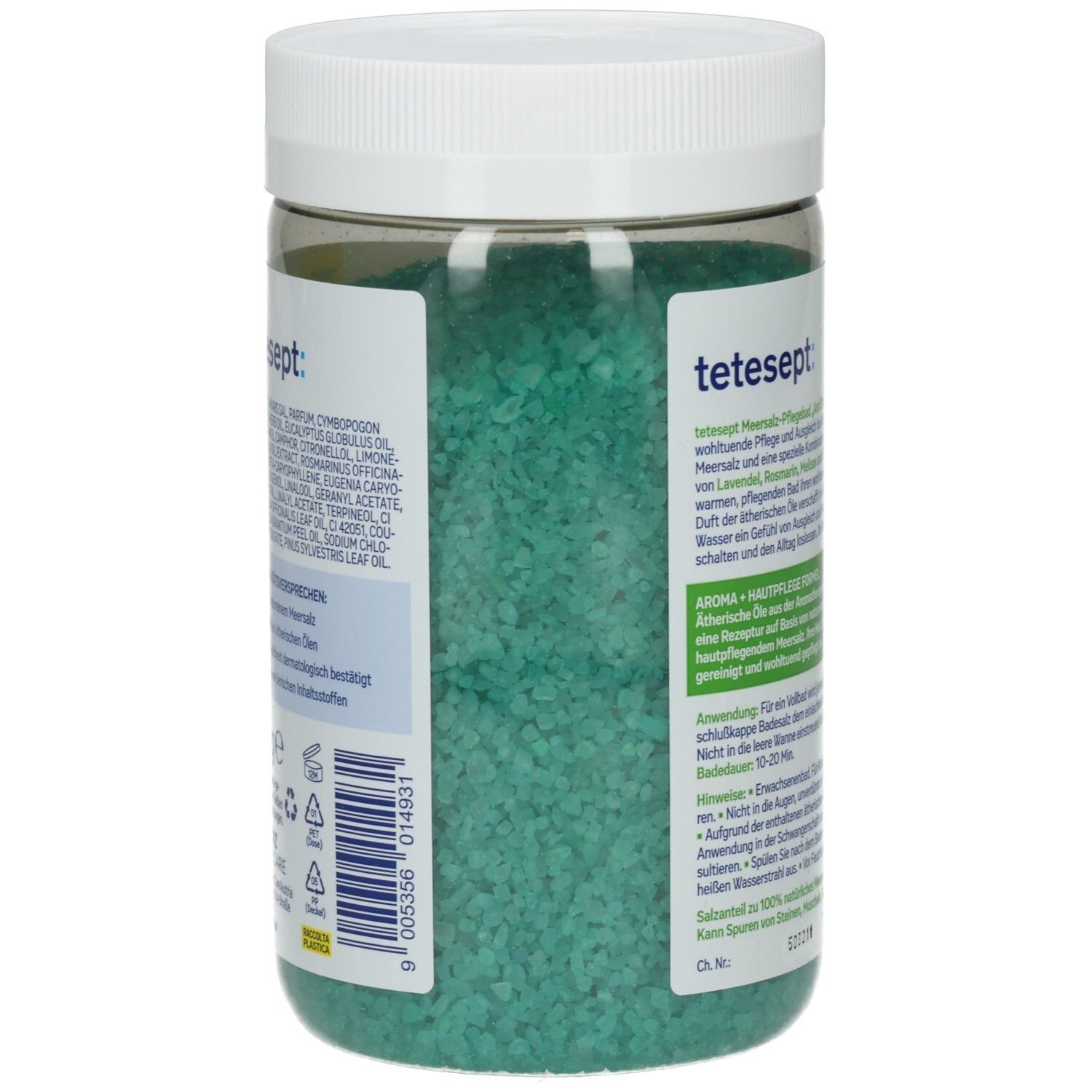 Seitenansicht der transparenten Dose mit grünem Badesalz. Textinformationen und Inhaltsstoffe. Weißer Deckel.