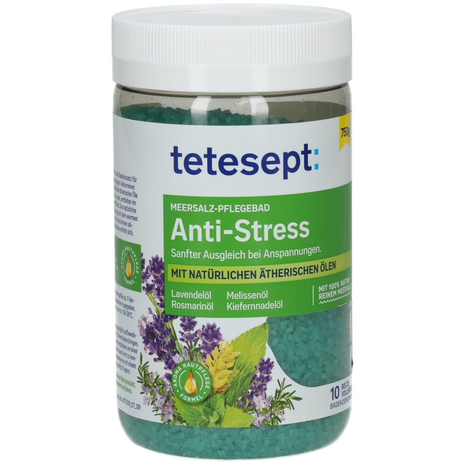 Transparente Dose mit grünem Badesalz. Aufkleber mit Produktnamen, Logo und floraler Illustration. Weißer Deckel.