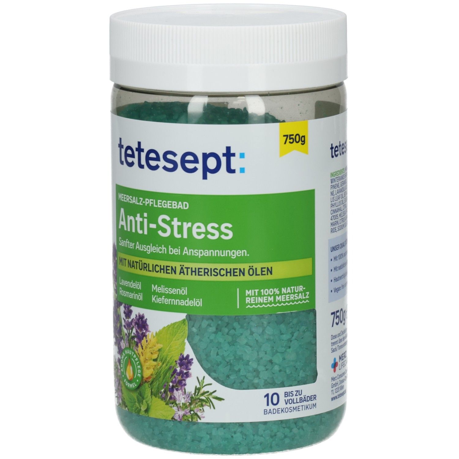 Transparente Dose mit grünem Badesalz. Aufkleber mit Produktnamen, Logo und floraler Illustration. 750g.