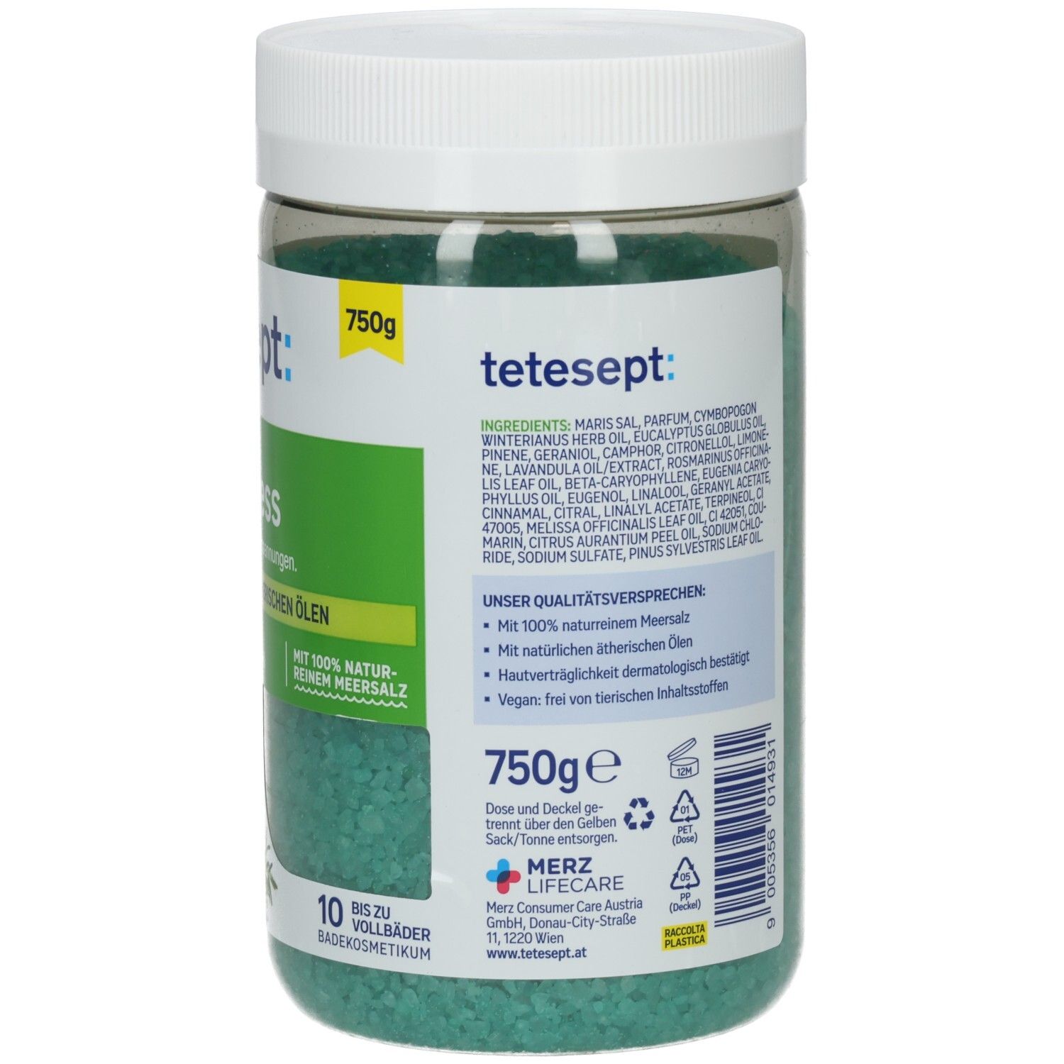 Rückseite der transparenten Dose mit grünem Badesalz. Text, Inhaltsstoffe, Logo. 750g. Weißer Deckel.