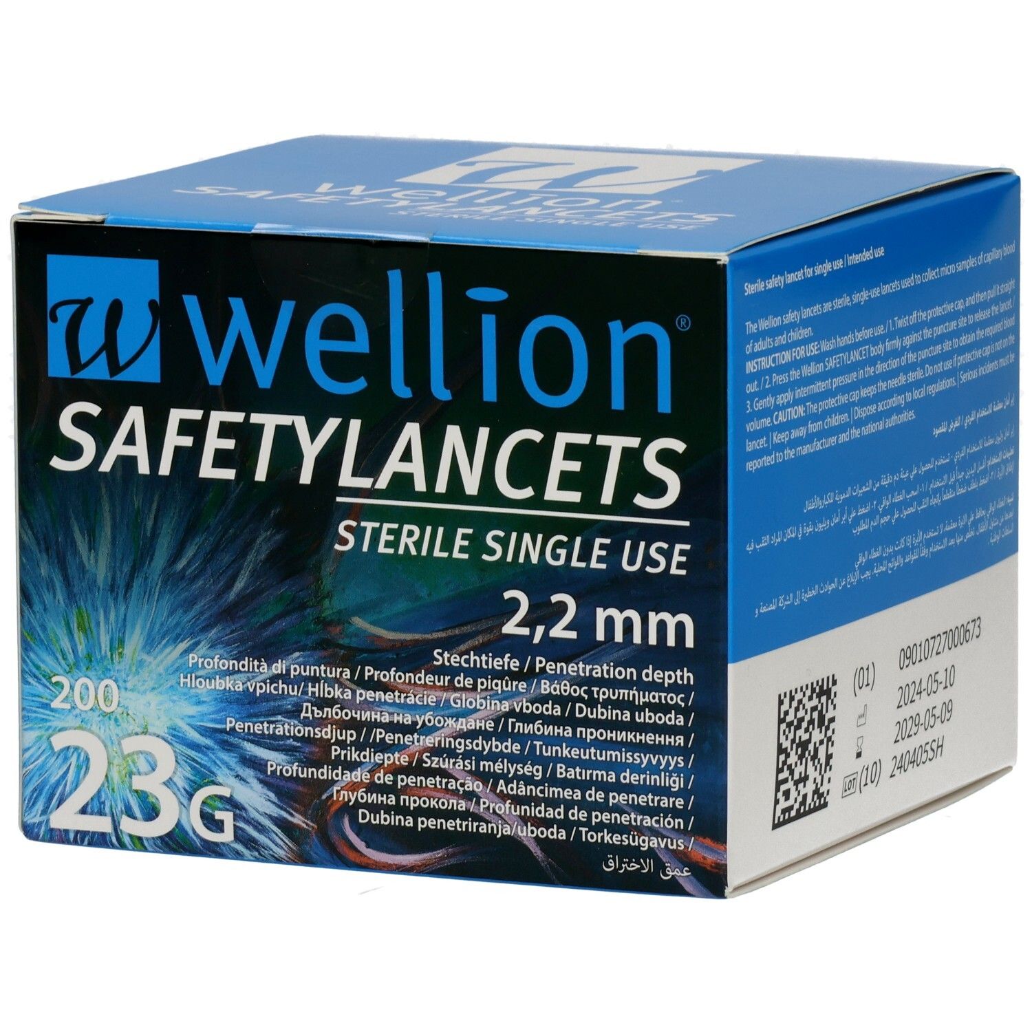 Blau-weiße Schachtel. Aufschrift: WELLION SAFETYLANCETS, STERILE SINGLE USE, 2,2 mm, 200, 23G. Mehrsprachige Angaben zur Penetrationstiefe.