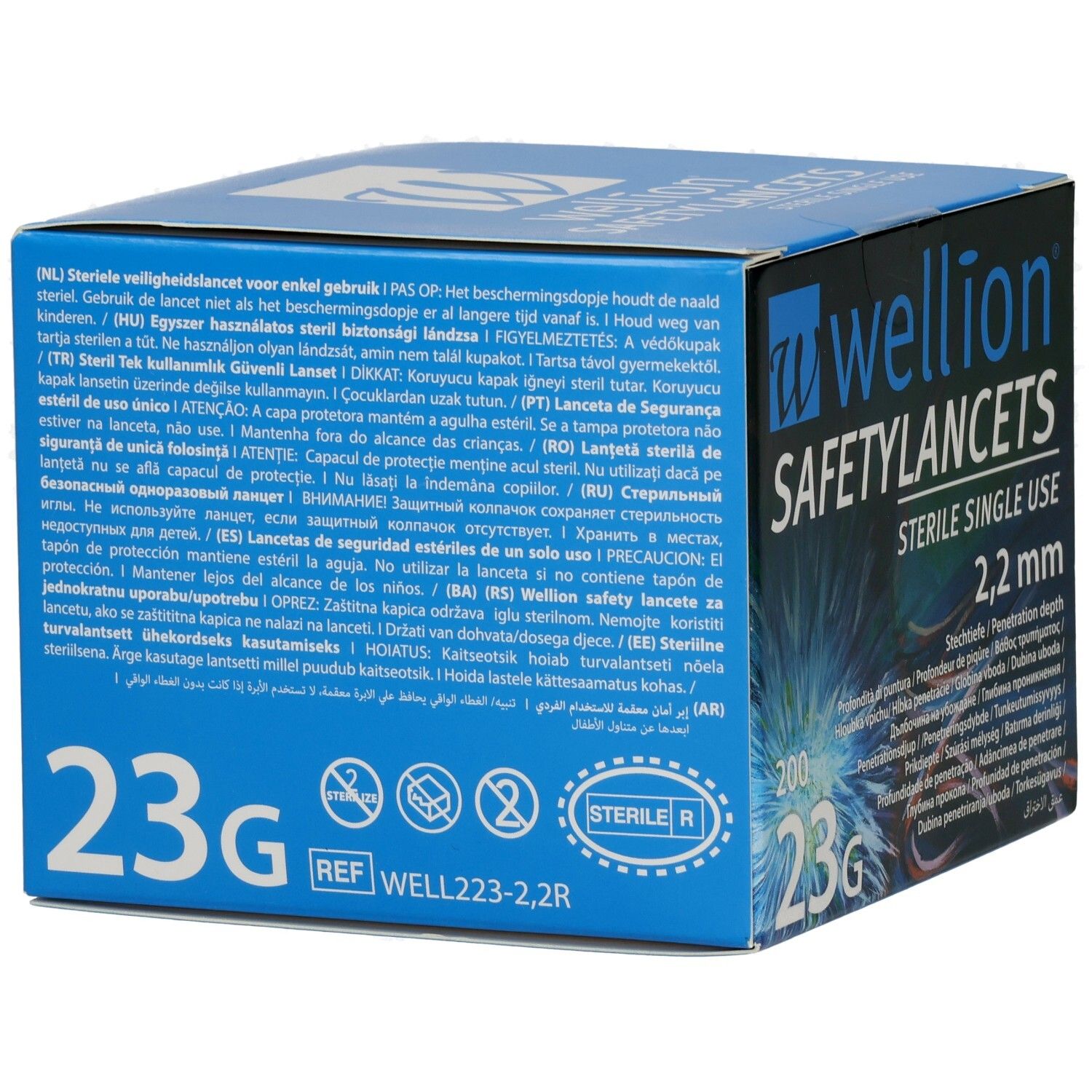 Blaue Schachtel mit Texten in mehreren Sprachen. Aufschrift: WELLION SAFETYLANCETS, STERILE SINGLE USE, 2,2 mm, 23G, 200. Steriel-Symbol.