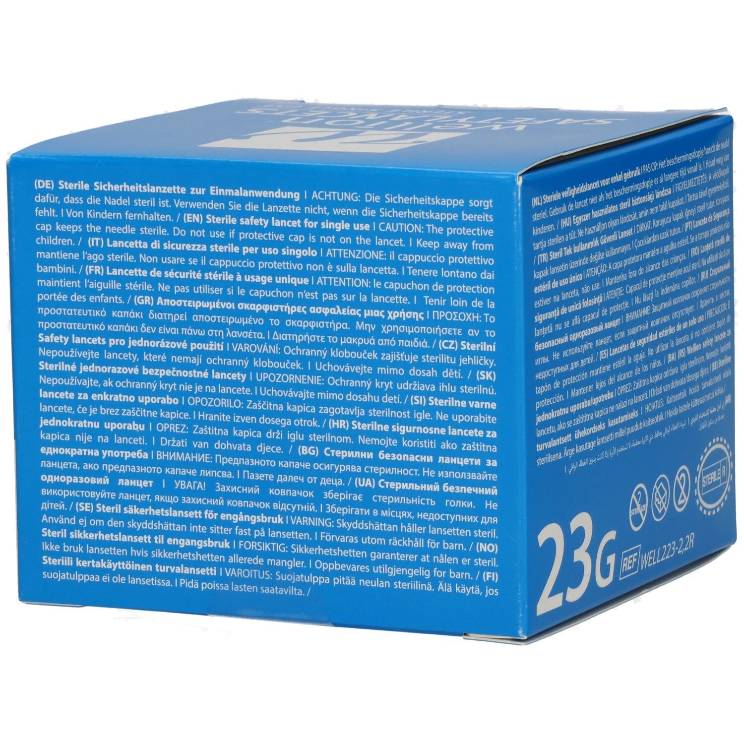 Blaue Schachtel mit Text. Aufschrift: 23G. Mehrere Symbole. Rückseite mit Text in mehreren Sprachen. REF WELL223-2.2R.