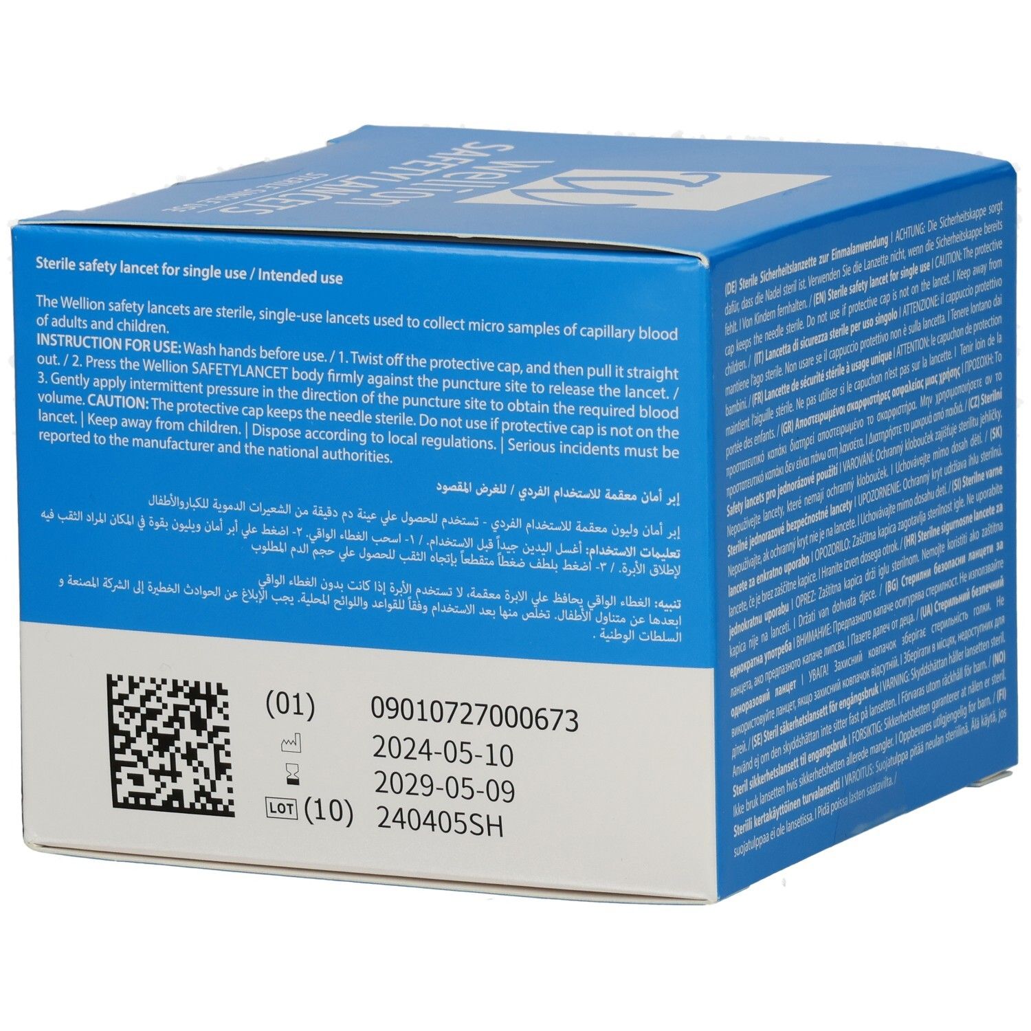 Rückseite der blauen Schachtel. Text in mehreren Sprachen. Barcode und Verfallsdaten: 2024-05-10, 2029-05-09. LOT 240405SH.