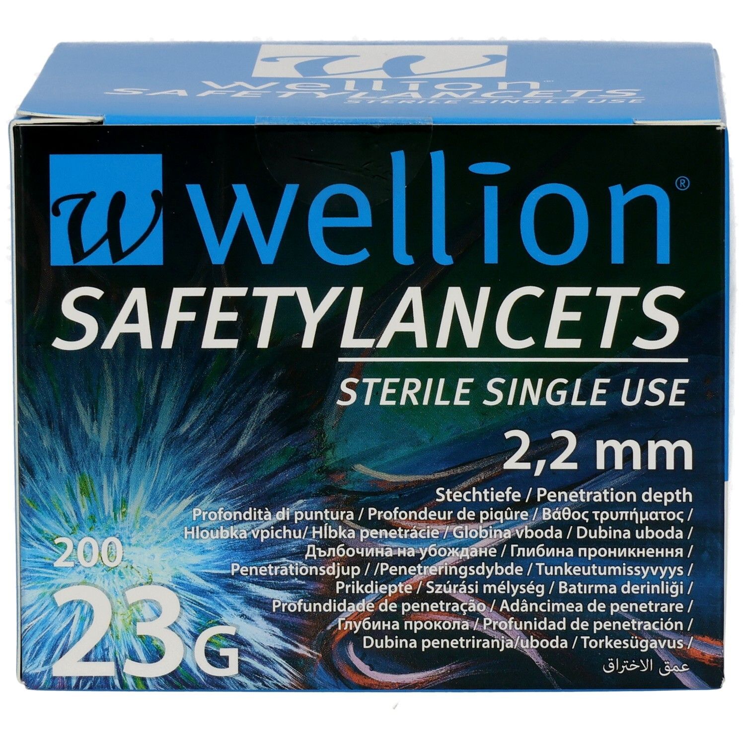 Blaue Schachtel. Aufschrift: WELLION SAFETYLANCETS, STERILE SINGLE USE, 2,2 mm, 200, 23G. Mehrsprachige Angaben zur Penetrationstiefe.