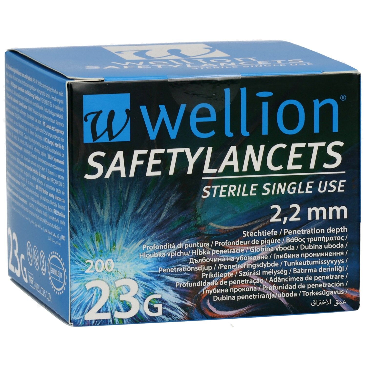 Blaue Schachtel. Aufschrift: WELLION SAFETYLANCETS, STERILE SINGLE USE, 2,2 mm, 200, 23G. Mehrsprachige Angaben zur Penetrationstiefe.