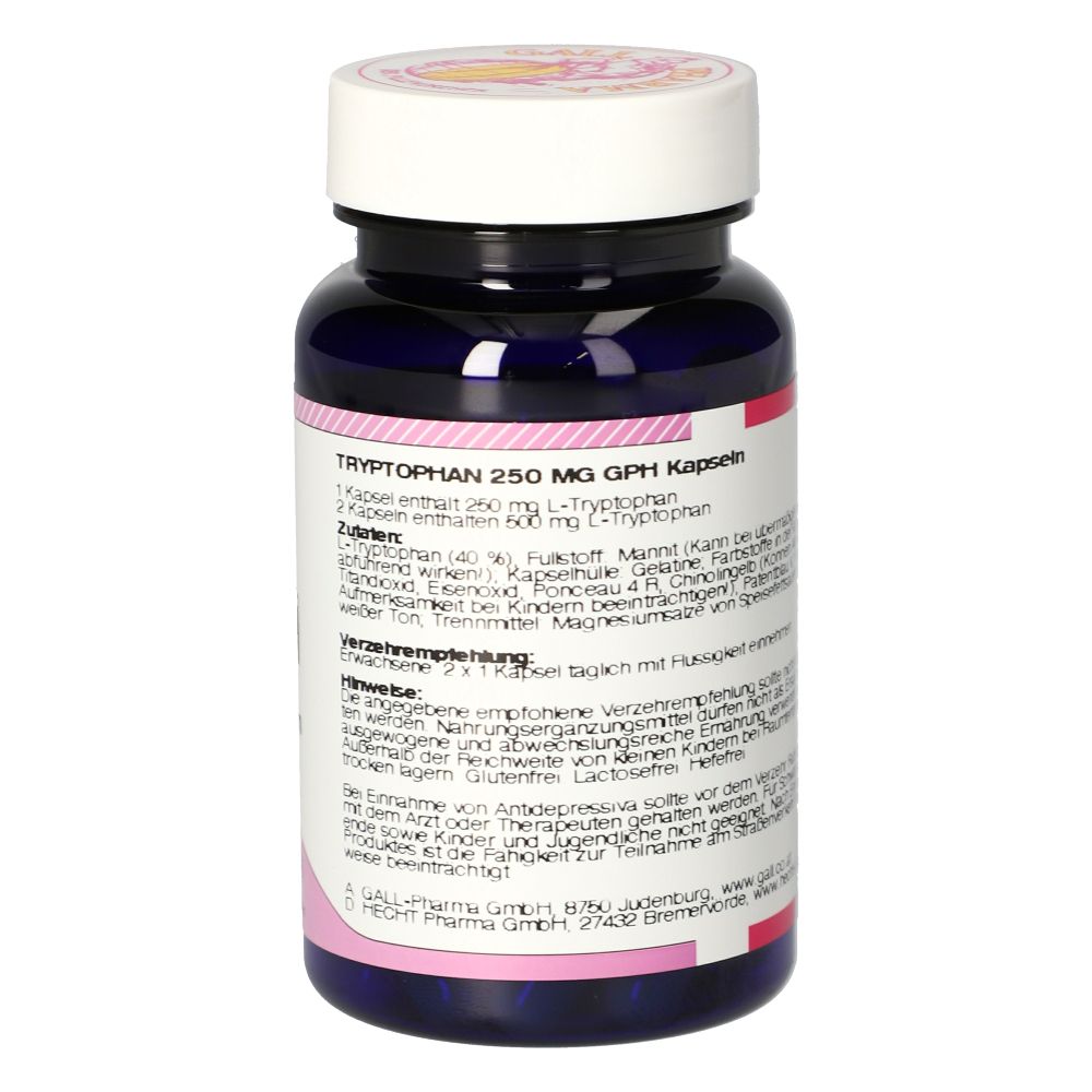 Rückseite der blauen Flasche. Text: TRYPTOPHAN 250 mg GPH Kapseln. Informationen zu Inhaltsstoffen und Verzehrempfehlung.