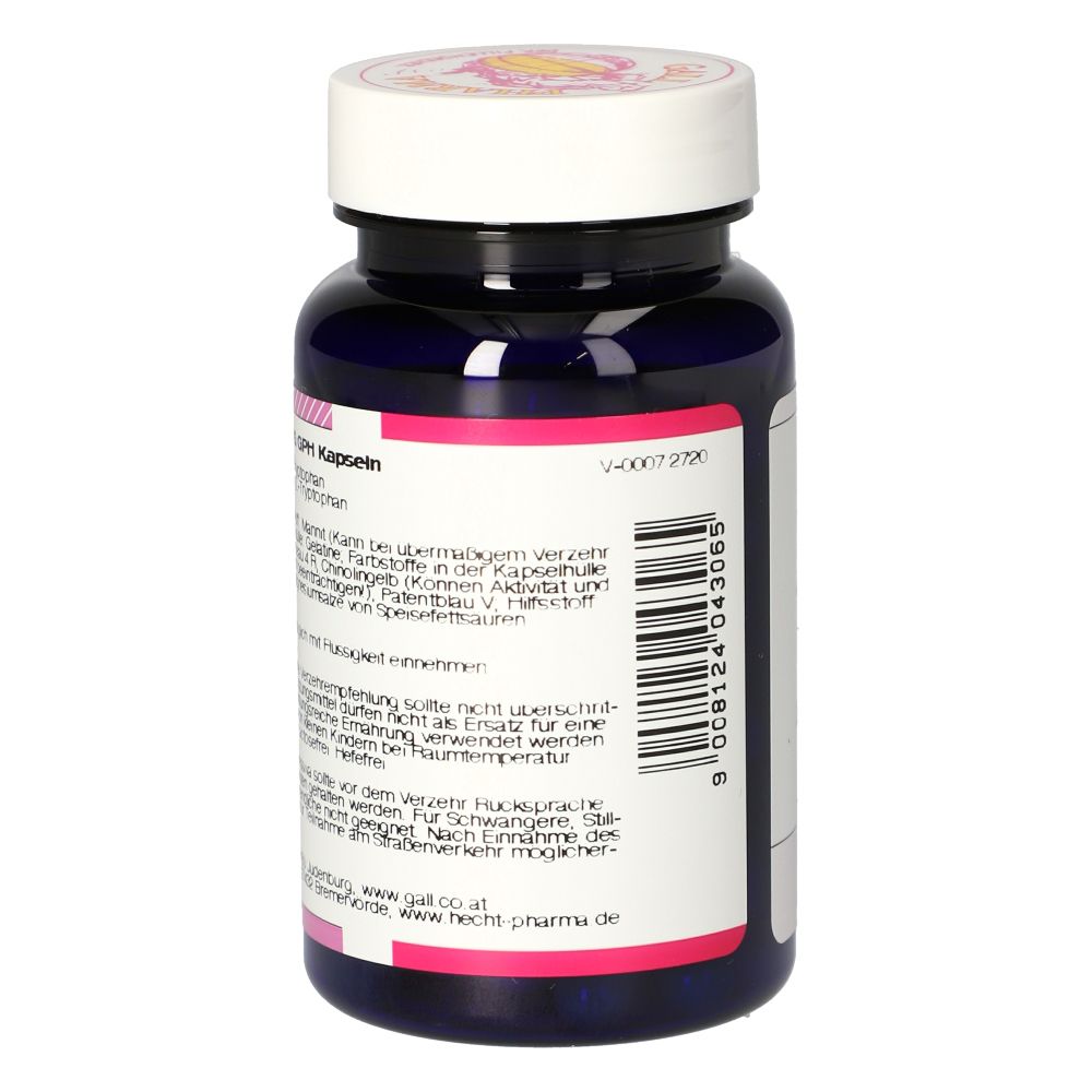 Rückseite der blauen Flasche. Text: TRYPTOPHAN 250 mg GPH Kapseln. Informationen zu Inhaltsstoffen und Verzehrempfehlung.