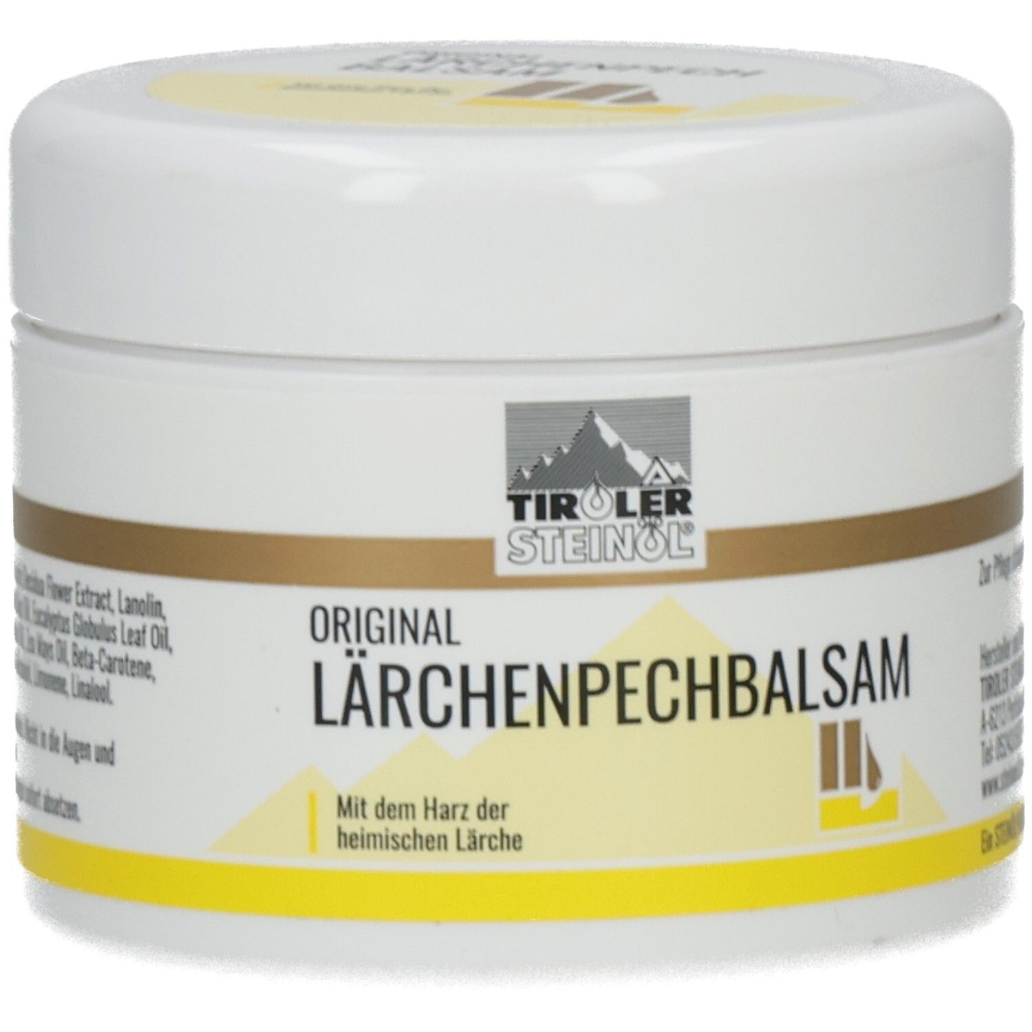 Weißes Tiegel mit gelben Akzenten. Aufschrift: TIROL STEINÖL, ORIGINAL LÄRCHENPECHBALSAM. Produktbezeichnung und Logo.
