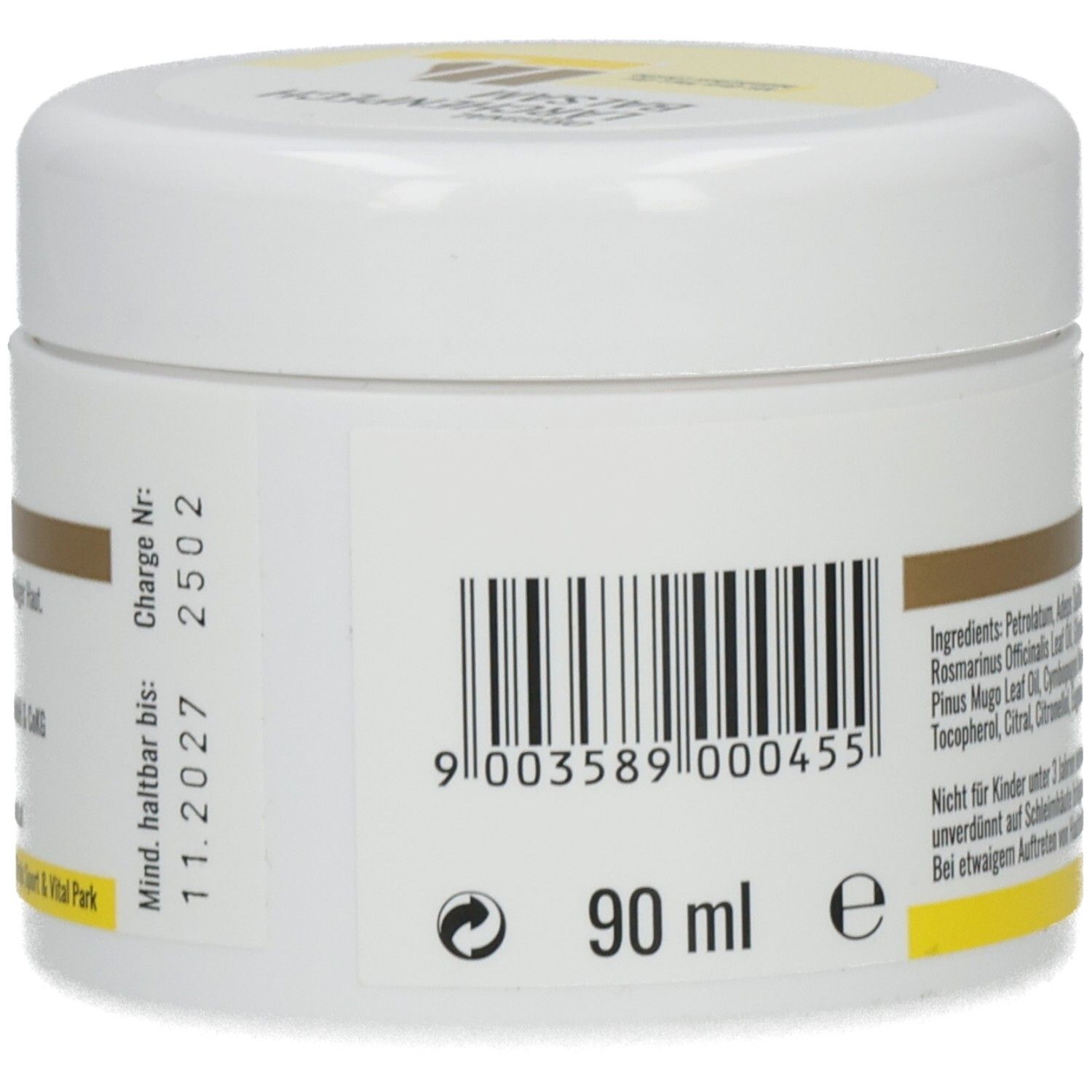 Seitenansicht des weißen Tiegels. Barcode, Chargennummer, Mindesthaltbarkeitsdatum und Volumenangabe: 90 ml.