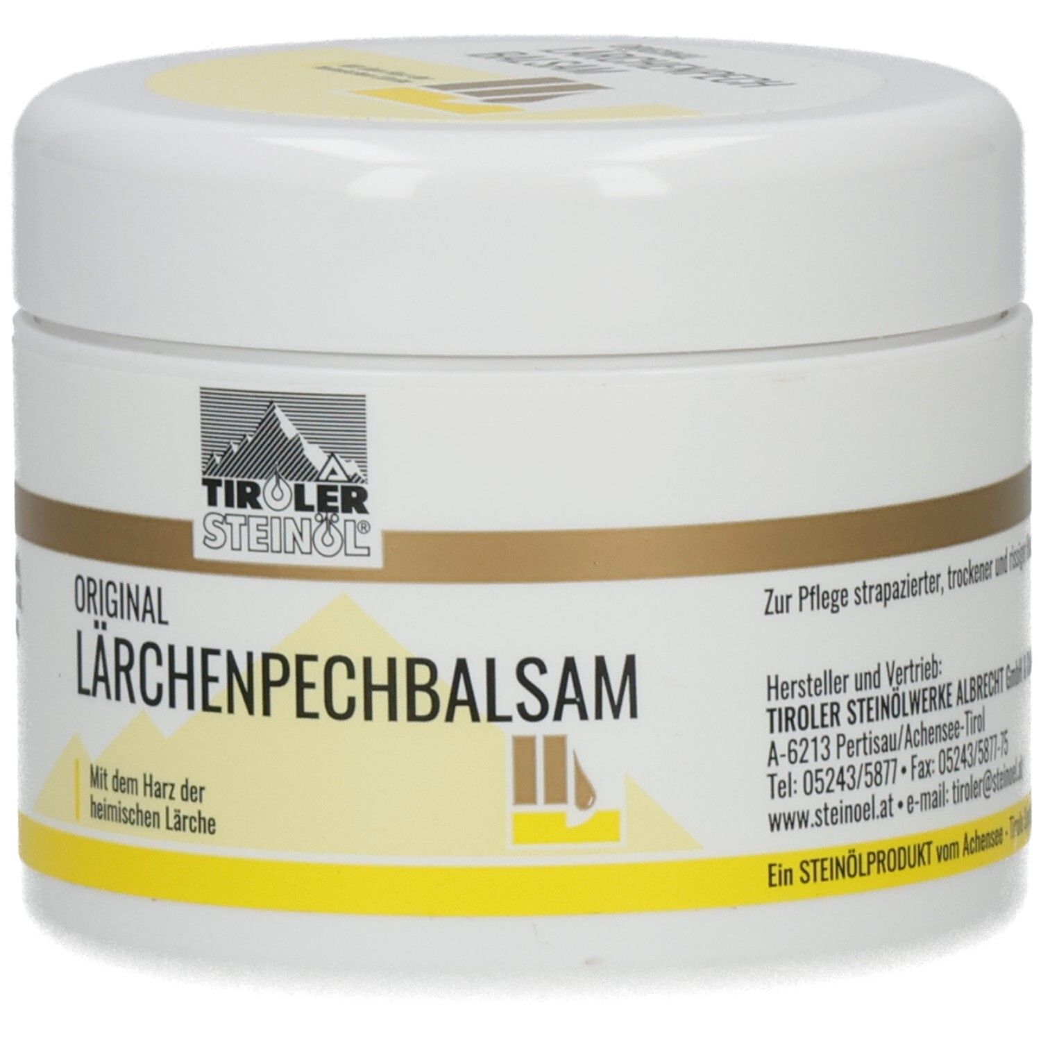 Weißes Tiegel mit gelben Akzenten. Aufschrift: TIROL STEINÖL, ORIGINAL LÄRCHENPECHBALSAM. Produktbezeichnung und Logo.