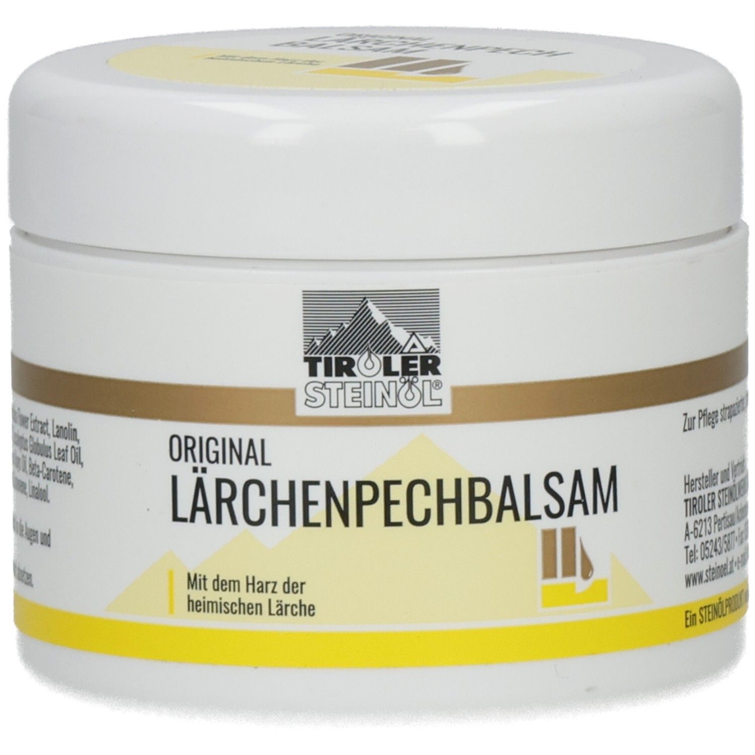 Weißes Tiegel mit gelben Akzenten. Aufschrift: TIROL STEINÖL, ORIGINAL LÄRCHENPECHBALSAM. Produktbezeichnung und Logo.