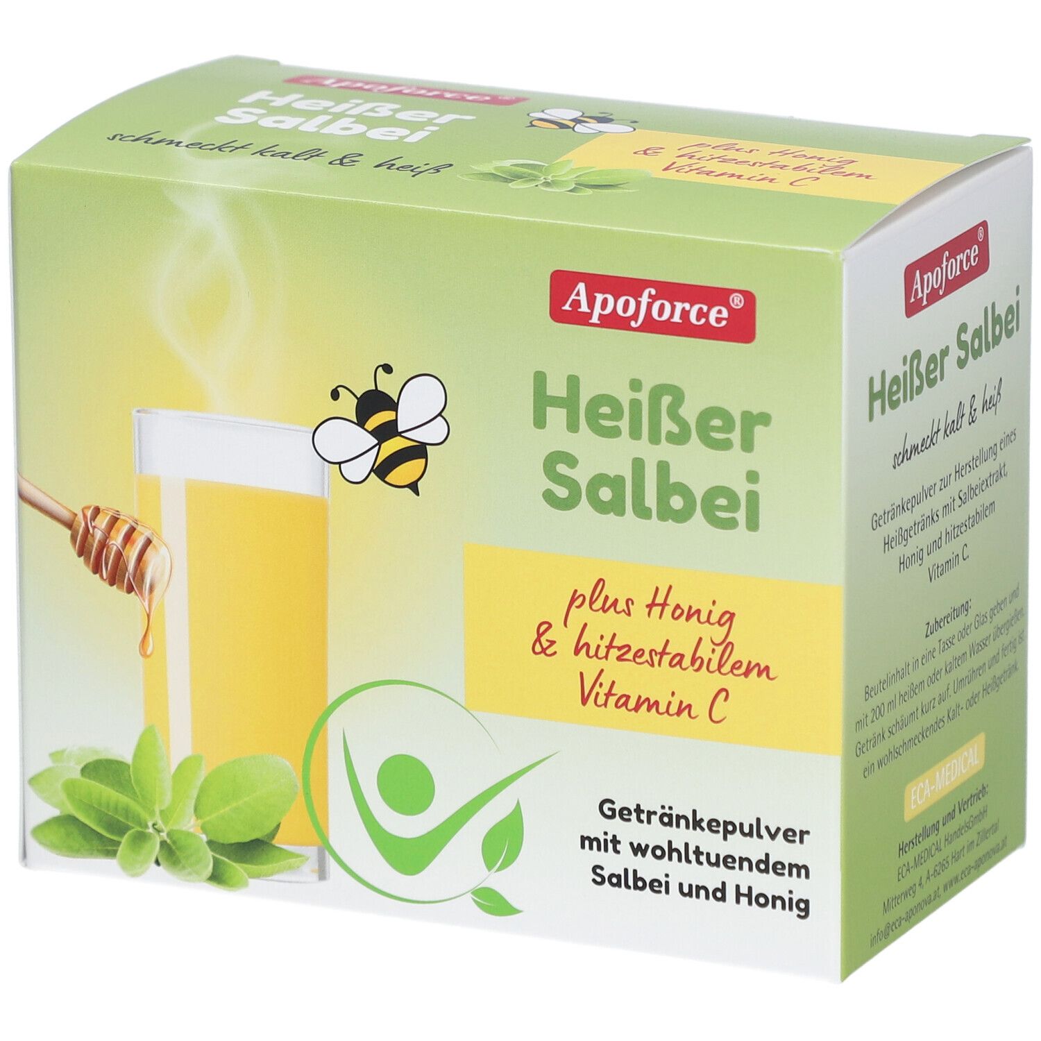 Grüne Schachtel mit Produktnamen und Abbildung eines Getränks. Enthält Honig, Salbei und Vitamin C. Marke: Apoforce.