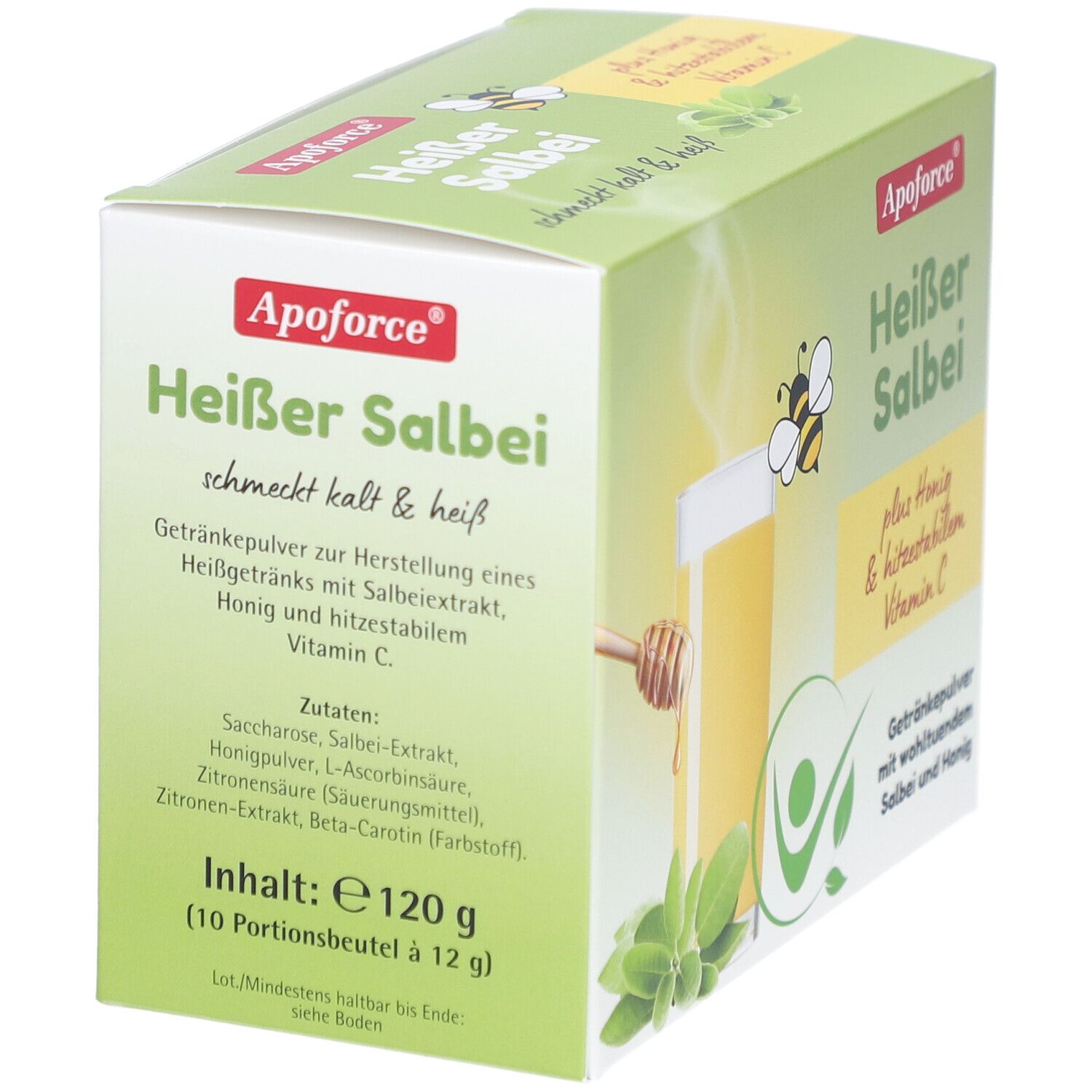 Grüne Schachtel mit Produktnamen und Zutatenliste. Enthält Honig, Salbei und Vitamin C. Marke: Apoforce. Inhalt: 120g.