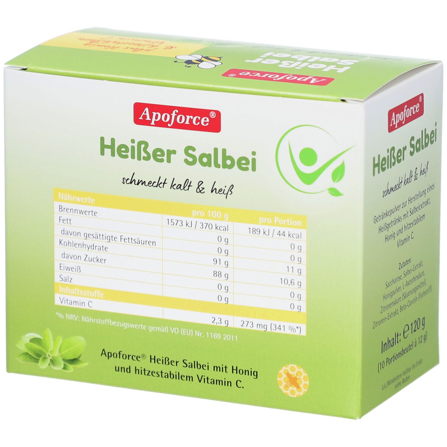 Grüne Schachtel mit Produktnamen und Nährwerttabelle. Enthält Honig, Salbei und Vitamin C. Marke: Apoforce. Inhalt: 120g.
