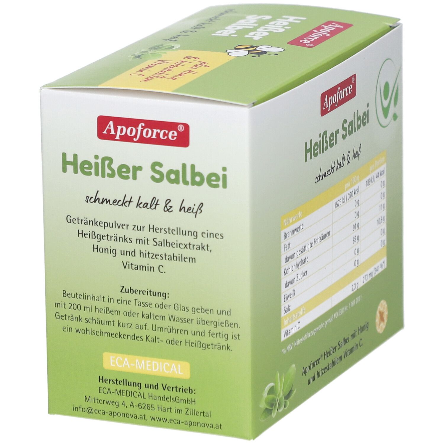 Grüne Schachtel mit Produktnamen und Zubereitungshinweisen. Enthält Honig, Salbei und Vitamin C. Marke: Apoforce.