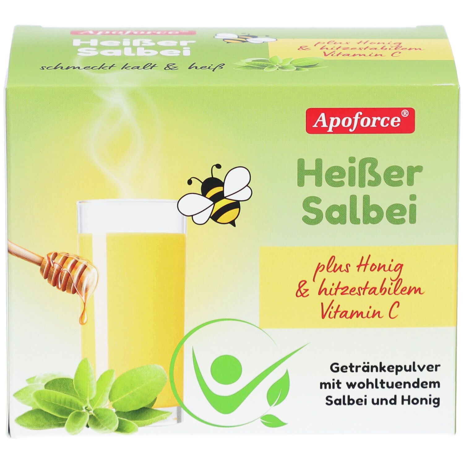 Grüne Schachtel mit Produktnamen und Abbildung eines Getränks. Enthält Honig, Salbei und Vitamin C. Marke: Apoforce.