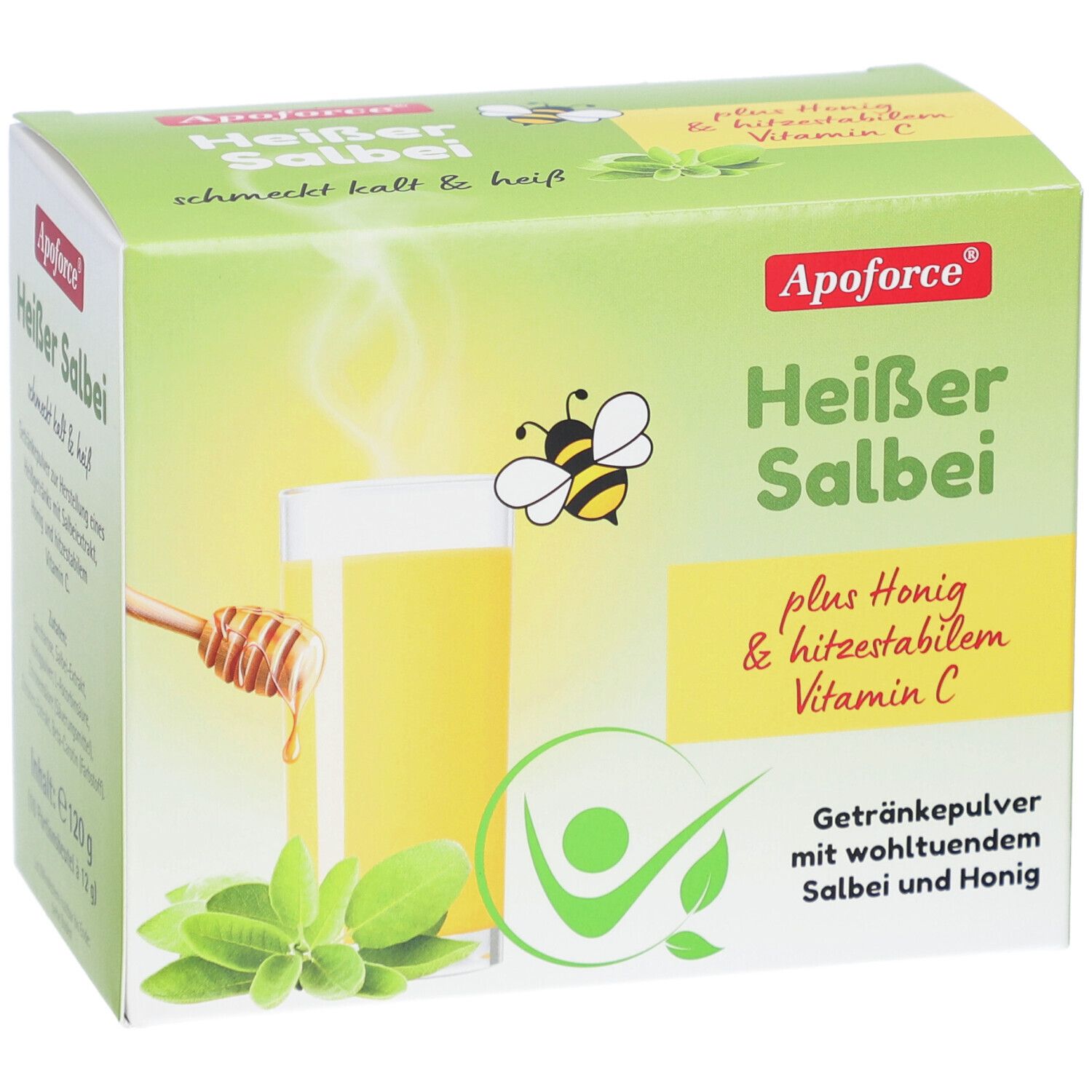 Grüne Schachtel mit Produktnamen und Abbildung eines Getränks. Enthält Honig, Salbei und Vitamin C. Marke: Apoforce.
