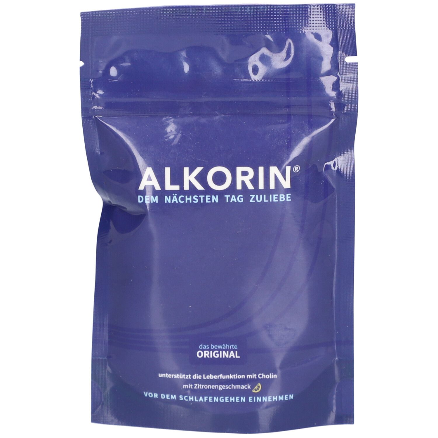 Blauer Beutel ALKORIN®. Text: Dem nächsten Tag zurliebe. Unterstützt die Leberfunktion mit Cholin. Zitrone-Geschmack. Vor dem Schlafengehen.