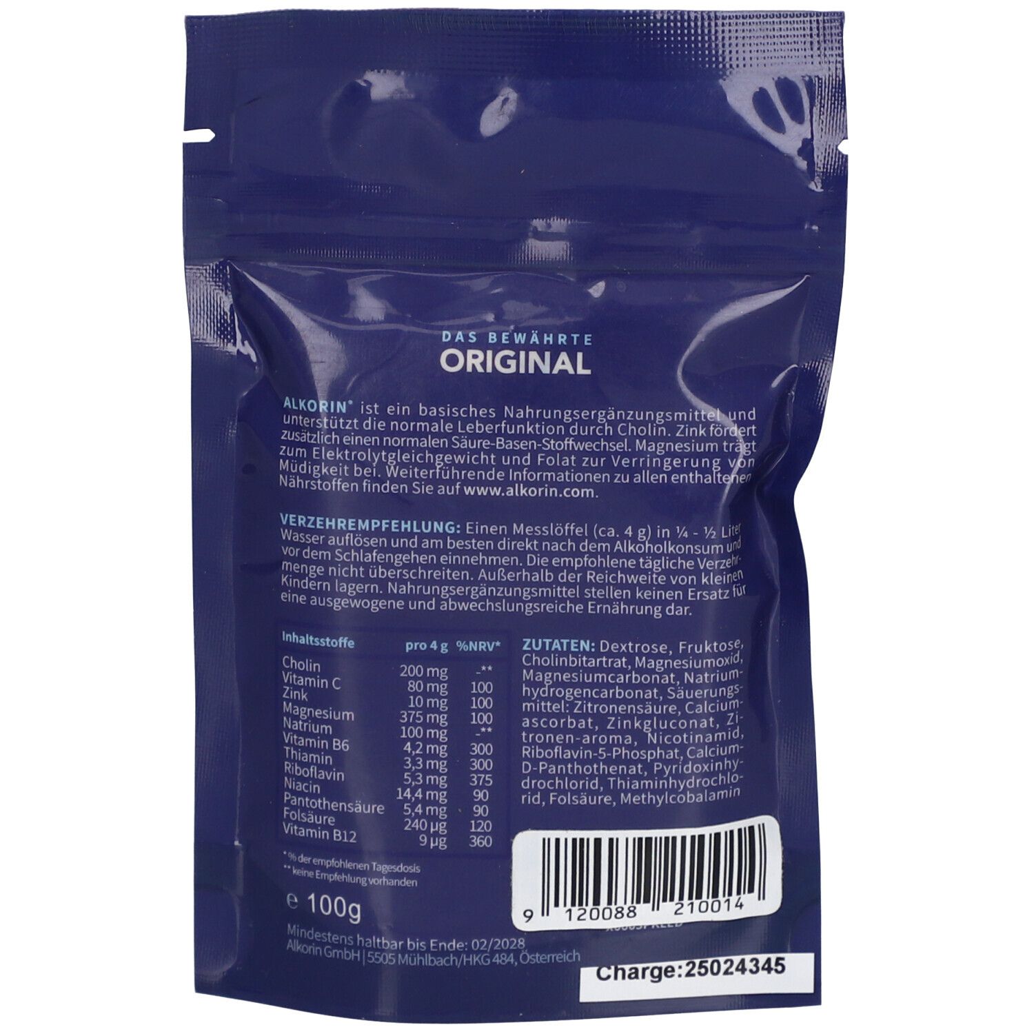Rückseite des blauen ALKORIN®-Beutels. Text: Das bewährte Original. Inhaltsstoffe, Nährwertangaben, Verzehrempfehlung. 100g.