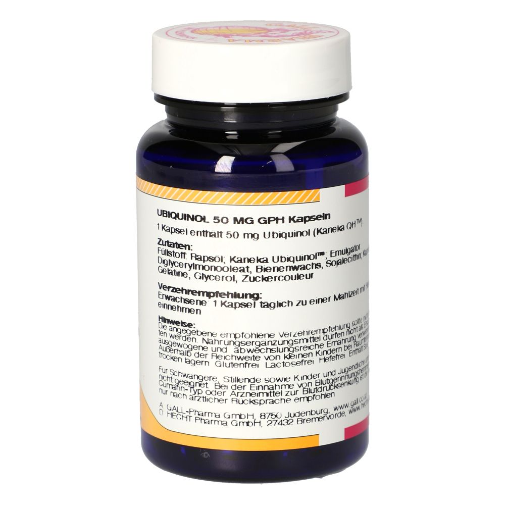 Rückseite der Flasche. Text: Inhaltsstoffe, Verzehrempfehlung, Hinweise. Gelber und roter Streifen am unteren Rand.