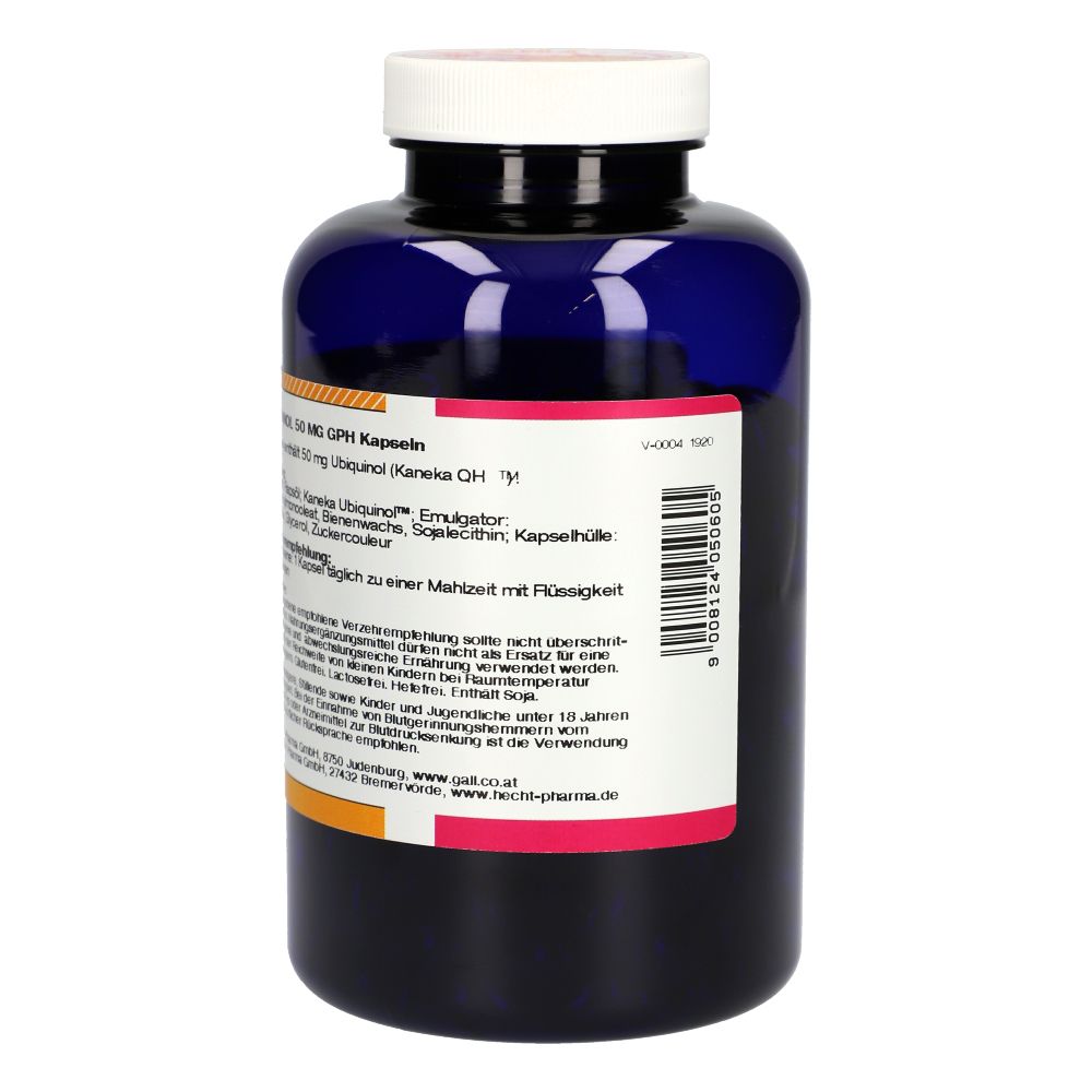 Dunkelblaue Flasche, weißer Deckel. Etikett mit Inhaltsstoffen, Verzehrempfehlung und Barcode.