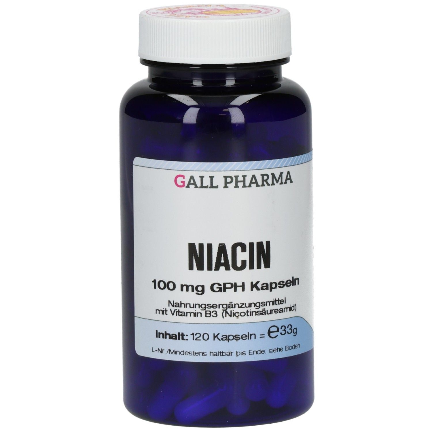 Blaue Flasche mit weißen Deckel. Aufschrift: Niacin 100 mg GPH Kapseln. Enthält 120 Kapseln.