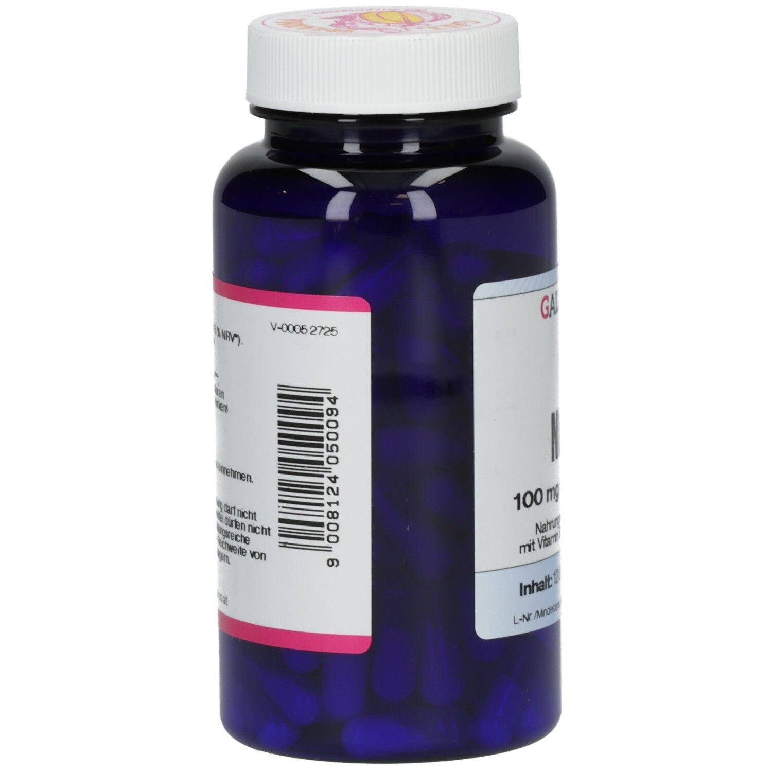 Blaue Flasche mit weißem Deckel. Etikett mit Text und Barcode. Produkt: Niacin 100 mg GPH Kapseln.